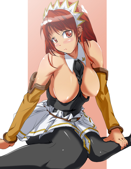 blush breasts breasts_out cecily_cambell female hiropon_pj large_breasts red_eyes red_hair seiken_no_blacksmith short_hair shy sitting solo