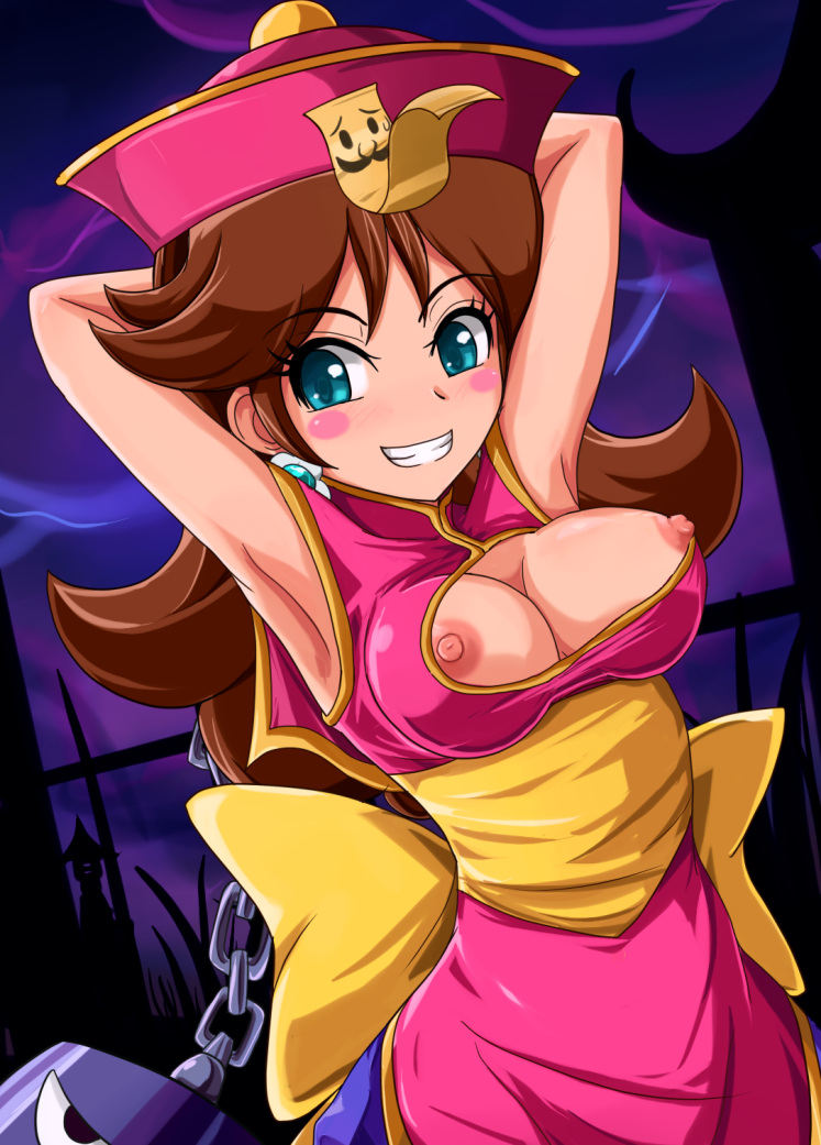 1girls areola armpits arms_behind_head arms_up big_ass big_breasts big_butt bimbo blue_eyes blush blush_stickers breasts brown_hair busty chains cleavage cleavage_cutout clothes clothing color cosplay darkstalkers ear_piercing earrings erect_nipples female female_only front_view grin hair hat hsien_ko_(cosplay) human jewelry large_breasts lei_lei_(cosplay) long_hair looking_at_viewer luigi mario_(series) naughty_face night night_sky nintendo nipple_slip nipples objectification ofuda outdoors piercing princess_daisy round_ears sigurdhosenfeld sky smile solo straight_hair vampire_(game)