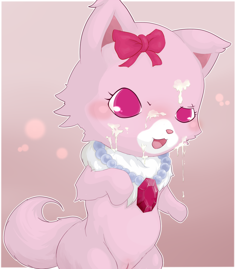 1girls anthro blush bow cum cum_on_face female female_only furry garnet_(jewelpet) jewelpet jewelpet_(species) open_mouth pearl_necklace pink_eyes pink_fur pussy sanrio simple_background solo