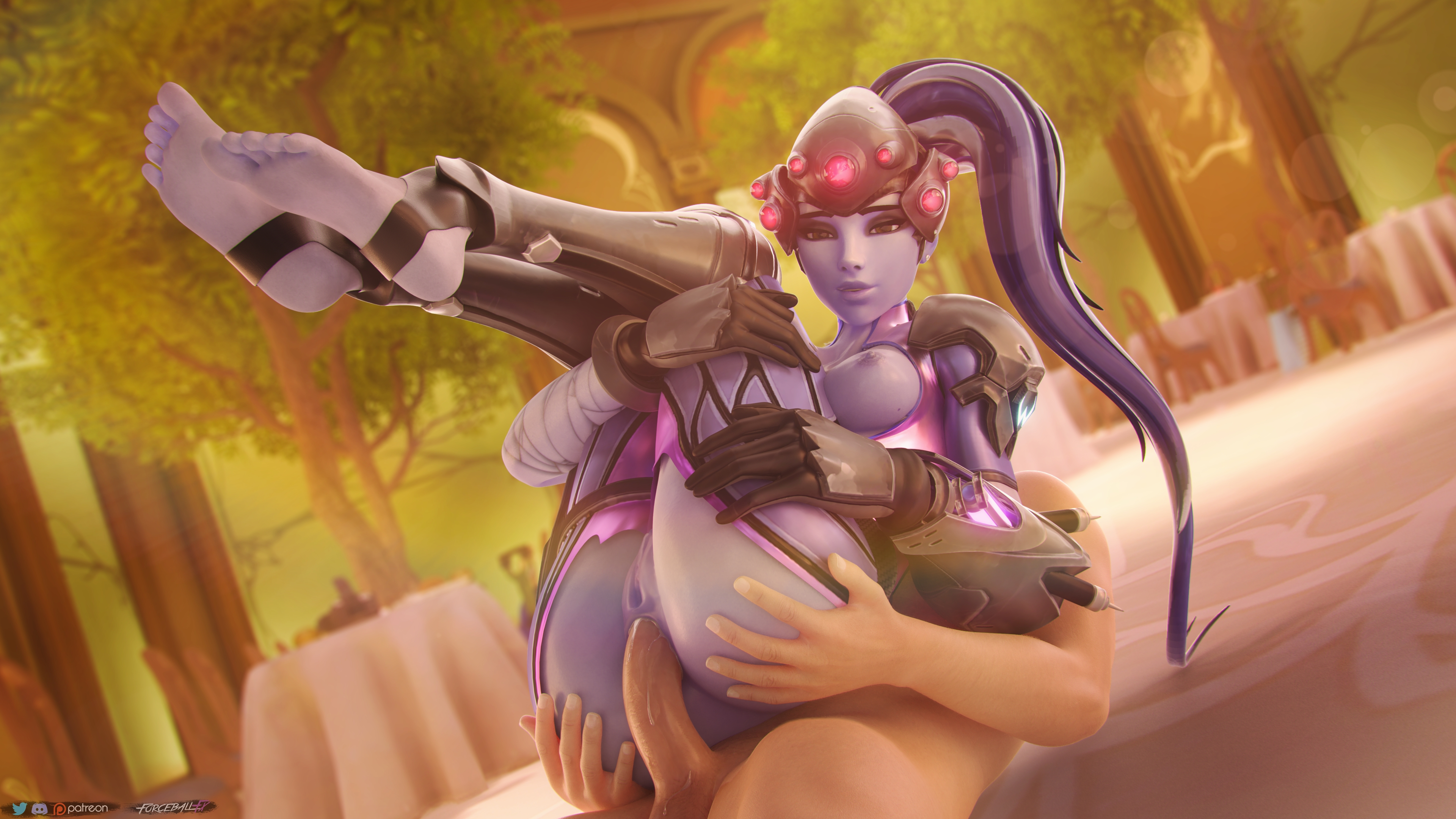 1boy, 1girls, 3d, 4k, anal, anal sex, areolae, barefoot, big penis, blizzard entertainment, breasts, cum, erection, faceless male, feet, female, female focus, forceballfx, full nelson, half nelson, high resolution, highres, legs up, long hair, male, nipples, overwatch, penis, pleasure face, ponytail, purple skin, pussy, sex, sitting on lap, sitting on person, smile, straight, tattoo, white skin, widowmaker