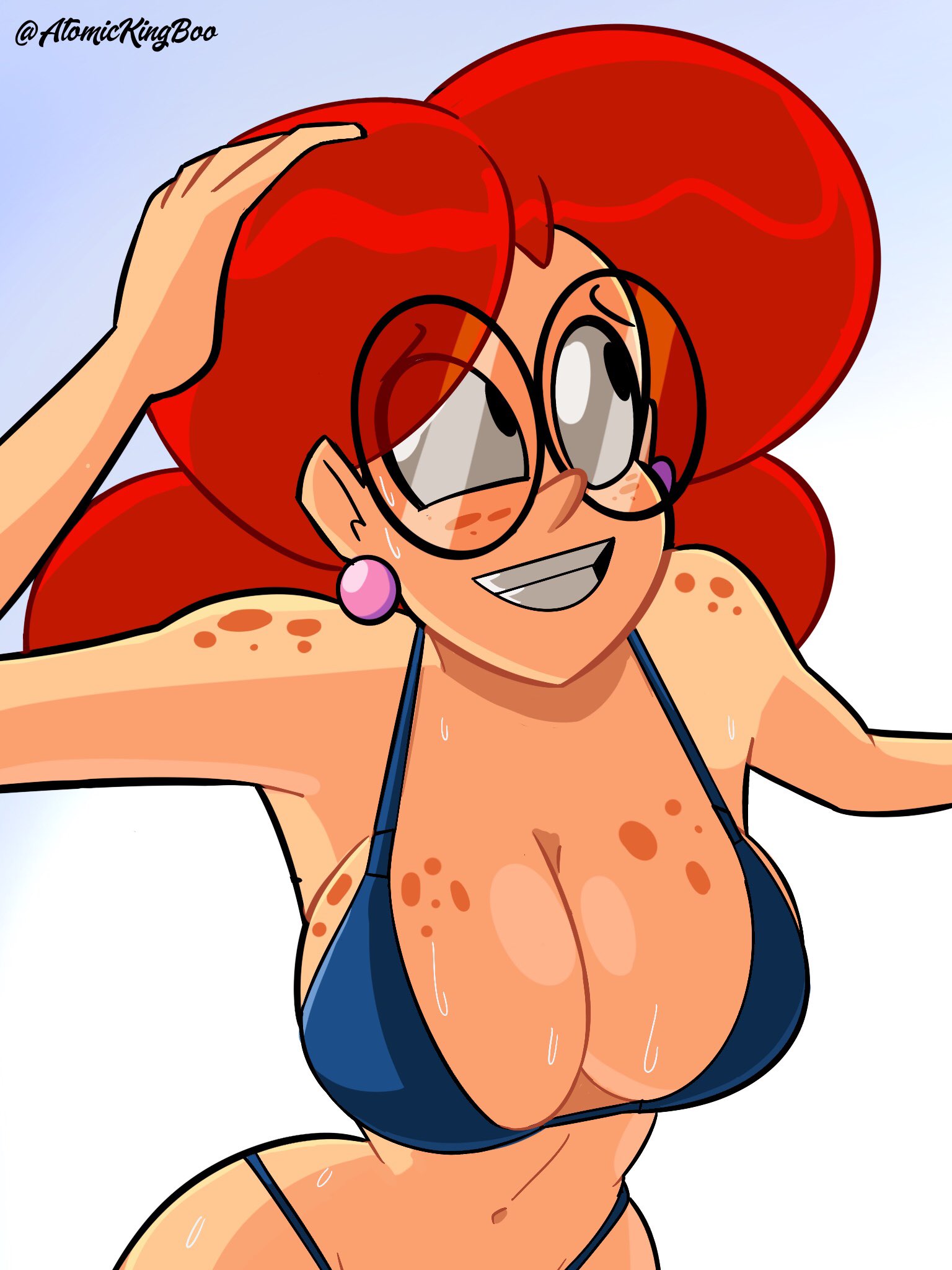 1girls, alternate version available, artist name, ass, atomickingboo, big breasts, bikini, bikini bottom, bikini top, bra, breasts, ear piercing, earrings, female, female only, freckles, glasses, hips, legs, long hair, nerd, oc, original, original character, panties, piercing, red hair, solo, swimsuit, terra mandrile, the besties (atomickingboo), thick, thick thighs, thighs, upper body, voluptuous, watermark, wide hips