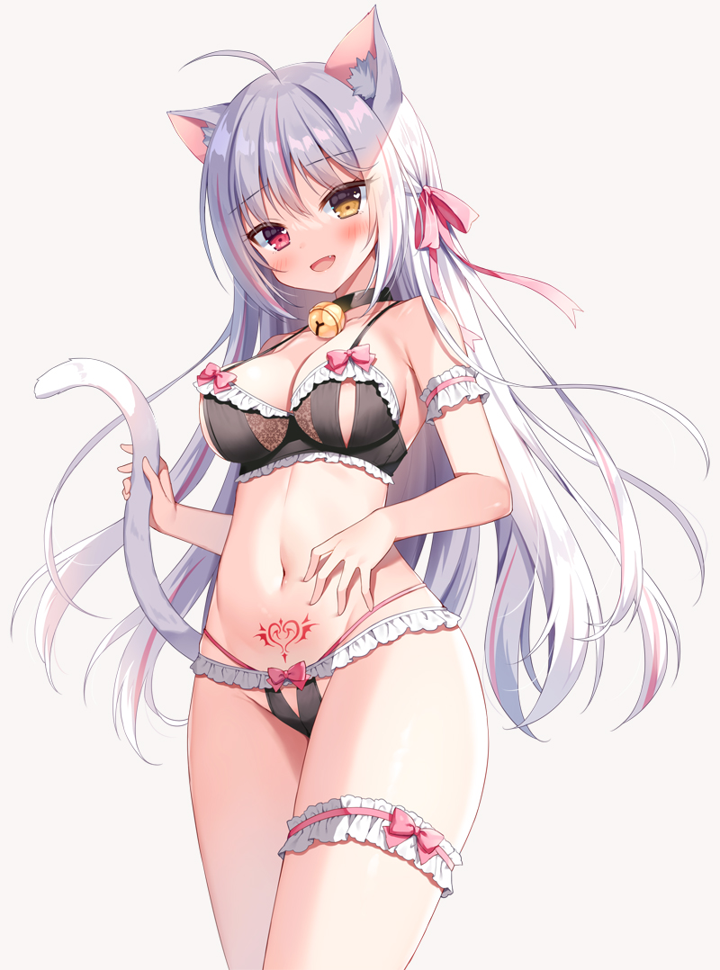 1girls :d ahoge animal_ear_fluff animal_ears arm_garter bangs bare_shoulders bell black_bra black_choker black_panties bow bow_bra bow_panties bra breasts cat_ears cat_girl cat_tail choker commentary_request cowboy_shot crotch_cutout female female_only frilled_bra frilled_panties frills groin hair_ribbon heterochromia holding_tail jingle_bell leg_garter long_hair looking_at_viewer mauve medium_breasts multicolored_hair navel oerba_yun_fang open_mouth orange_eyes original panties pubic_tattoo red_eyes ribbon smile solo solo_female standing stomach streaked_hair tail tail_raised tattoo thighs underwear underwear_only very_long_hair white_hair