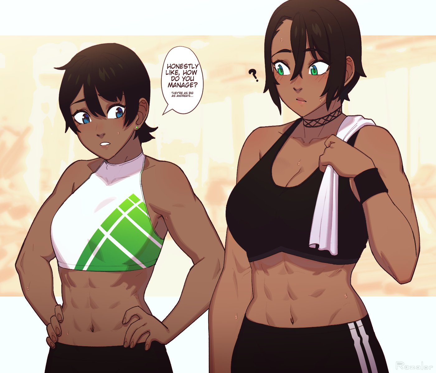 2girls, abs, big breasts, breast size difference, breasts, cleavage, dark skin, dark-skinned female, female, female only, k'lyn (razalor), large breasts, muscles, muscular, muscular female, razalor, tomboy, toned, toned female