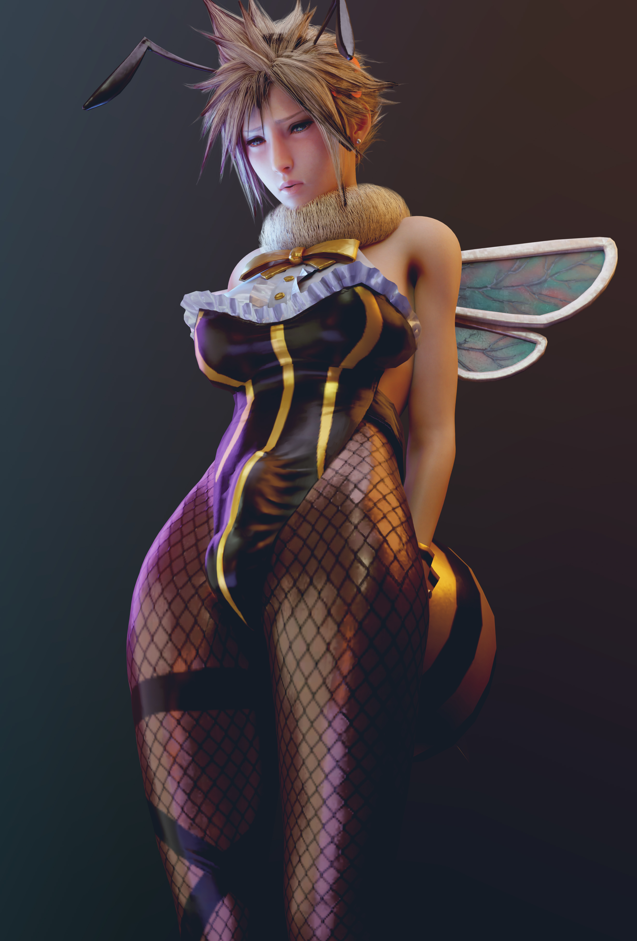 1boy, 3d, absurdres, batesz, bee costume, blender, breasts, bulge, cloud strife, crossdressing, erection under clothes, fake breasts, femboy, final fantasy, final fantasy vii, girly, highres, honeybee inn uniform, light skin, light-skinned femboy, light-skinned male, male, male only, penis, penis under clothes, solo, solo male, thick thighs, trap, twink, wide hips