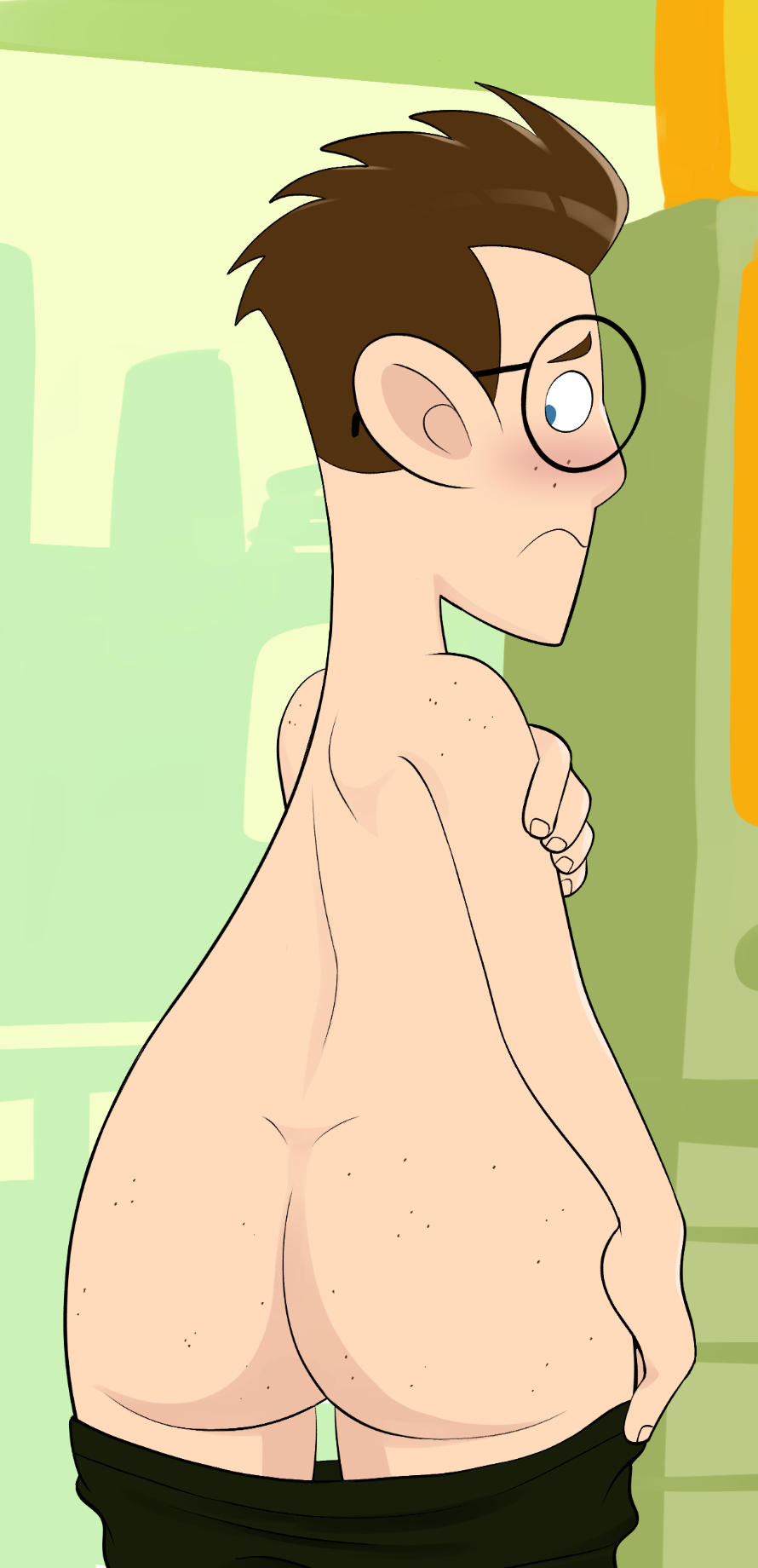 ass disney disney_channel embarrassed freckled_skin huge_butt jerseydevil kim_possible large_ass looking_back male_only ned_(kim_possible) pants_down