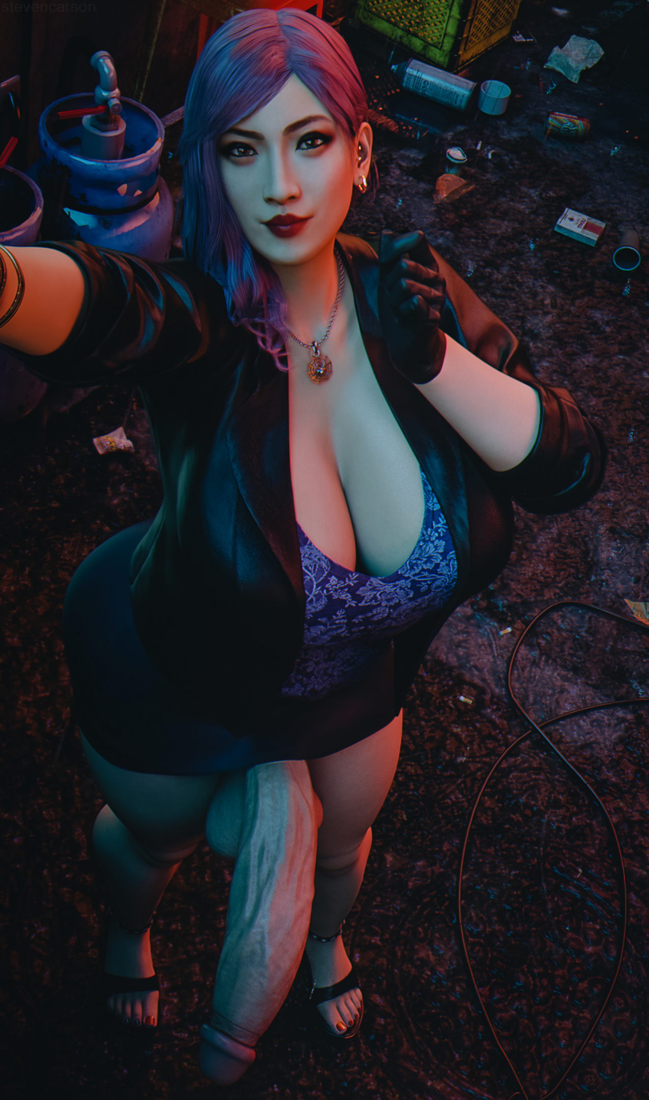 1futa, 3d, balls, balls under clothes, bottomless skirt, breasts, cleavage, curvy, erection under clothes, erection under skirt, futa only, futanari, half-erect, huge breasts, huge cock, hyper, hyper balls, hyper penis, ineffective clothing, ineffective skirt, intersex, looking at viewer, open toe shoes, penis, penis out, penis under clothes, penis under skirt, realistic, ryuu ga gotoku, seong-hui, seonhee, skirt, solo, solo futa, stevencarson, wide hips