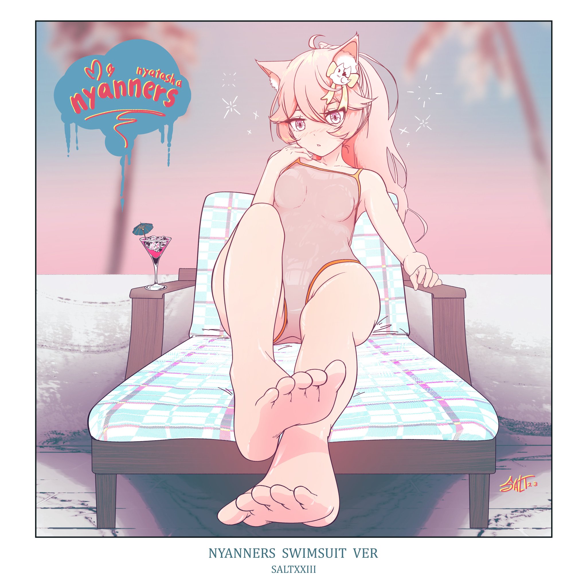 feet, looking at viewer, nyatasha nyanners, saltxxiii, swimsuit, virtual youtuber, vshojo