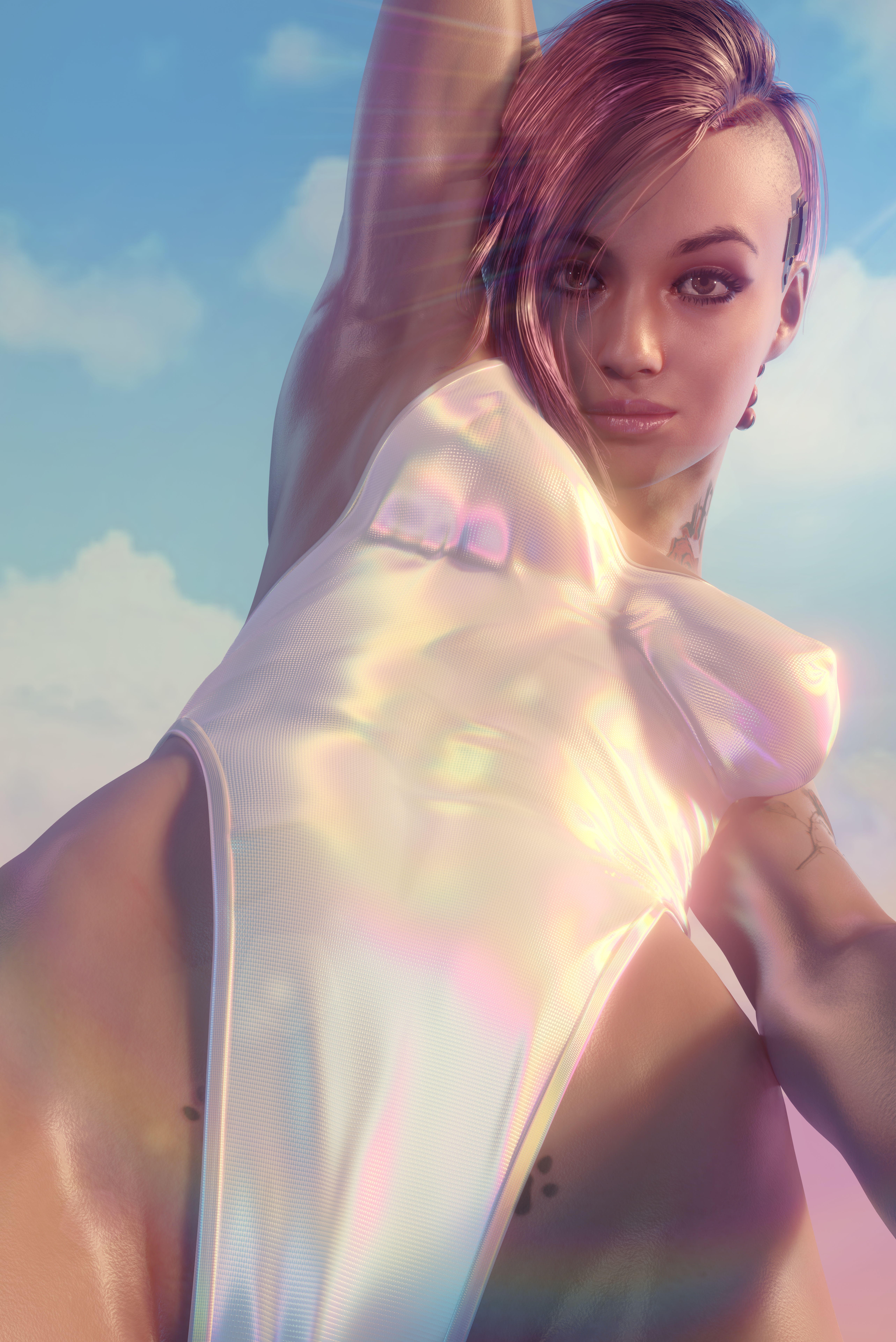 1girls, 3d, 8k, breasts, cyberpunk 2077, female, female only, forceballfx, high resolution, highres, judy alvarez, nipples, nipples visible through clothing, one-piece swimsuit, realistic, solo, swimsuit, tattoo