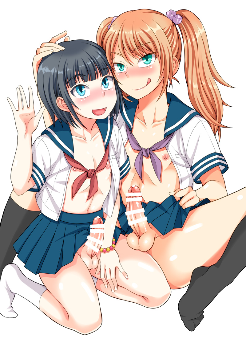 2boys, bar censor, censored, femboy, kanbayashi takaki, male, male only, nipples, penis, tagme, trap