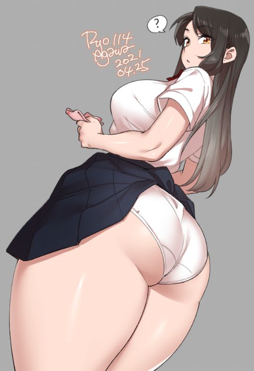 ?, 1girls, accidental exposure, ass, big breasts, breasts, female, female only, huge ass, large breasts, looking at viewer, looking back, panties, ryo agawa, skirt, skirt lift, solo, thick thighs, wide hips