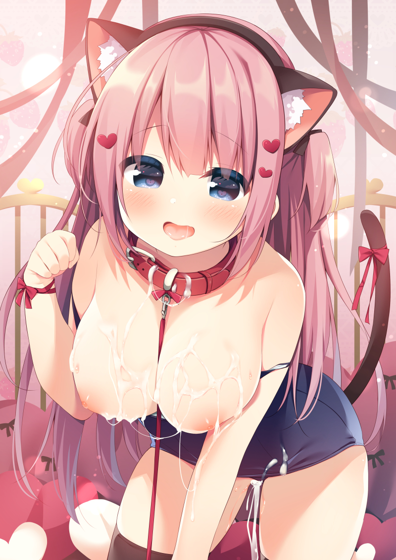 all_fours animal_ears bangs bare_shoulders black_legwear blue_eyes blush breasts cat_ears clothes_pull collar cum cum_on_body cum_on_breasts cumdrip extra_ears fake_animal_ears female hair_ornament hanamiya_natsuka heart heart_hair_ornament large_breasts leash long_hair looking_at_viewer nipples old_school_swimsuit one-piece_swimsuit open_mouth original paw_pose ribbon school_swimsuit solo swimsuit swimsuit_pull tail tail_ornament tail_ribbon thighhighs tongue