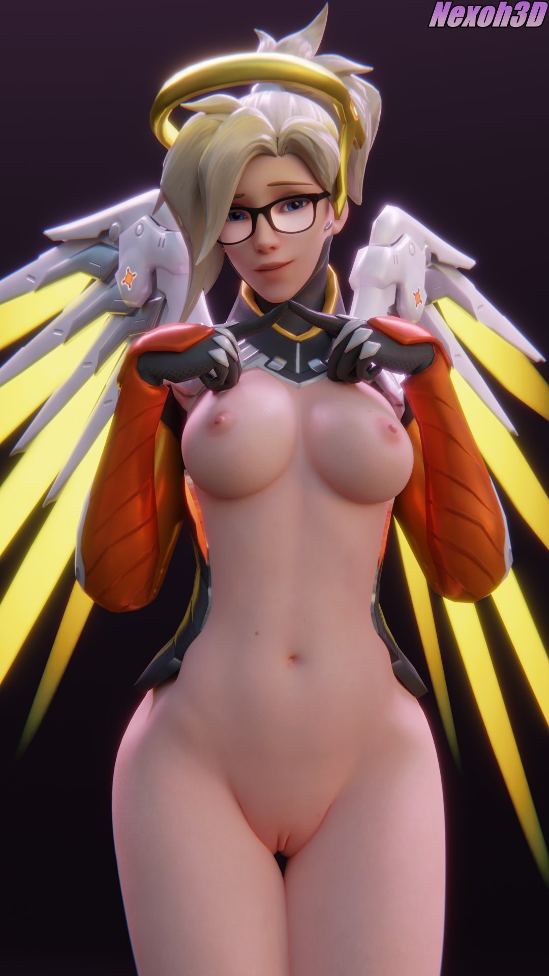 1girls, 3d, 3d (artwork), areolae, blizzard entertainment, blonde hair, blue eyes, breasts, female, female only, functionally nude, glasses, looking at viewer, mercy, navel, nexoh3d, nipples, overwatch, ponytail, pussy, shy, shy smile, slim, smile, solo, thigh gap, tied hair, wide hips, wings