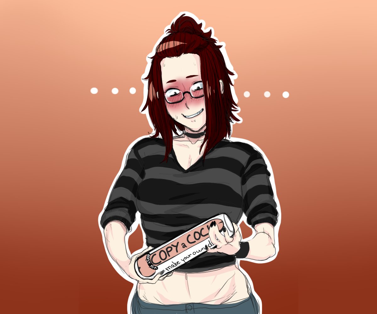 1futa, blush, breasts, brown hair, clothed, clothing, fran (tammaro), fully clothed, futa only, futanari, glasses, human, intersex, light skin, looking down, navel, pale skin, sex toy, smile, solo, standing, sweat, tammaro, text
