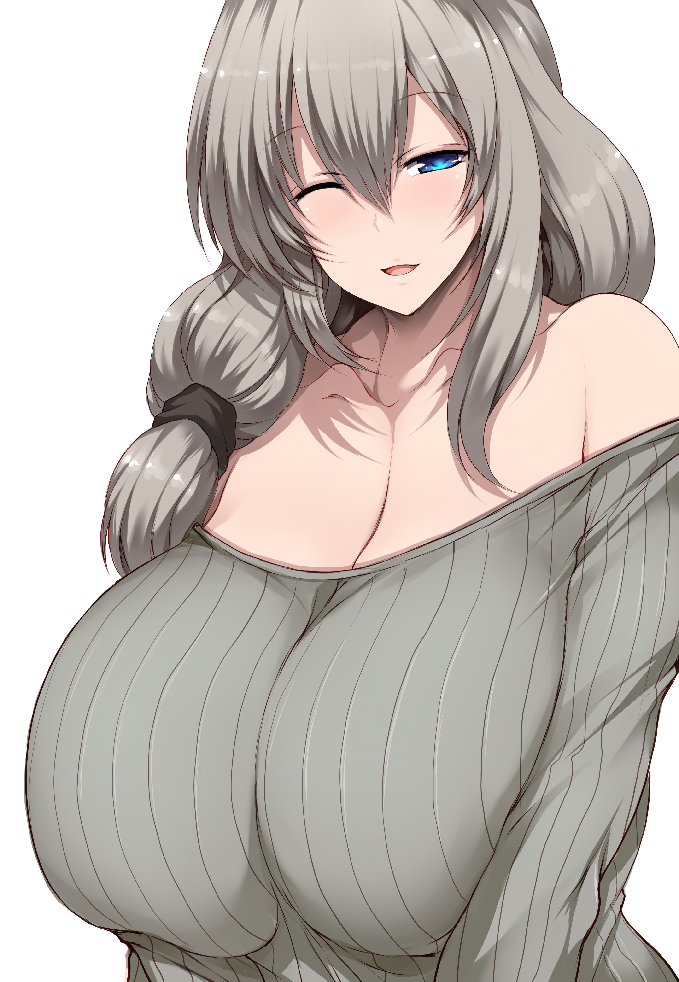 1girls, big breasts, blouse, blue eyes, blush, breasts, breasts bigger than head, clothing, cute, eyebrows visible through hair, female, female focus, female only, grey hair, hourglass figure, huge breasts, large breasts, long hair, milf, one eye closed, shadow, smile, solo, solo female, solo focus, tsukasawa takamatsu, uzaki tsuki, uzaki-chan wa asobitai!, voluptuous, white background