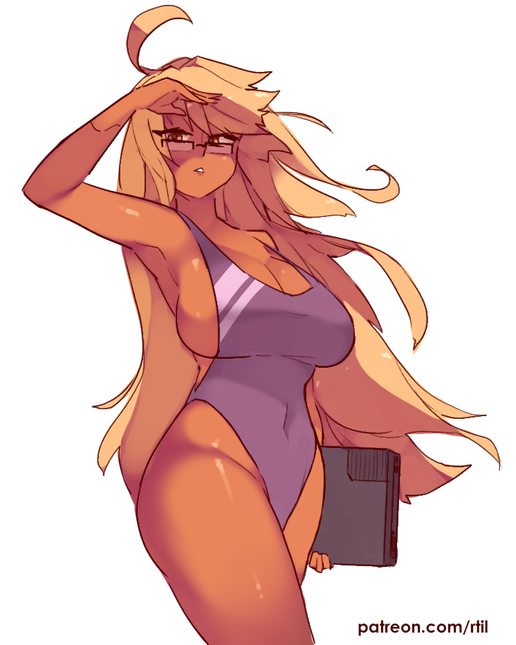 alma armas, big breasts, blonde hair, breasts, covered navel, covered nipples, female, female focus, female only, glasses, holding, holding object, long hair, looking at viewer, one-piece swimsuit, patreon url, patreon username, rtil, simple background, solo, solo female, solo focus, standing, swimsuit, swimwear, thick thighs, thighs, va-11 hall-a, very long hair, white background, yellow eyes