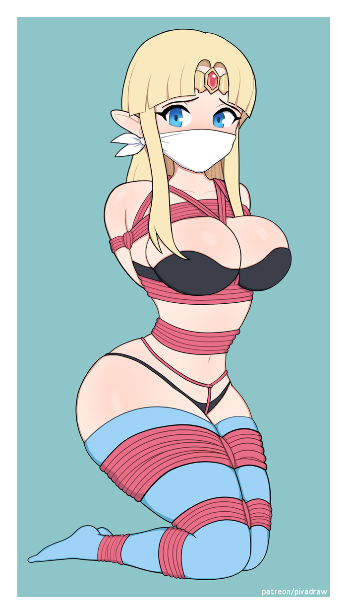 1girls, black underwear, blonde hair, blue eyes, blue stockings, bondage, bound and gagged, bra, damsel in distress, female, gag, gagged, nintendo, panties, pivadraw, princess zelda, solo, stockings, the legend of zelda, thighhighs, tied up, zelda (a link between worlds)