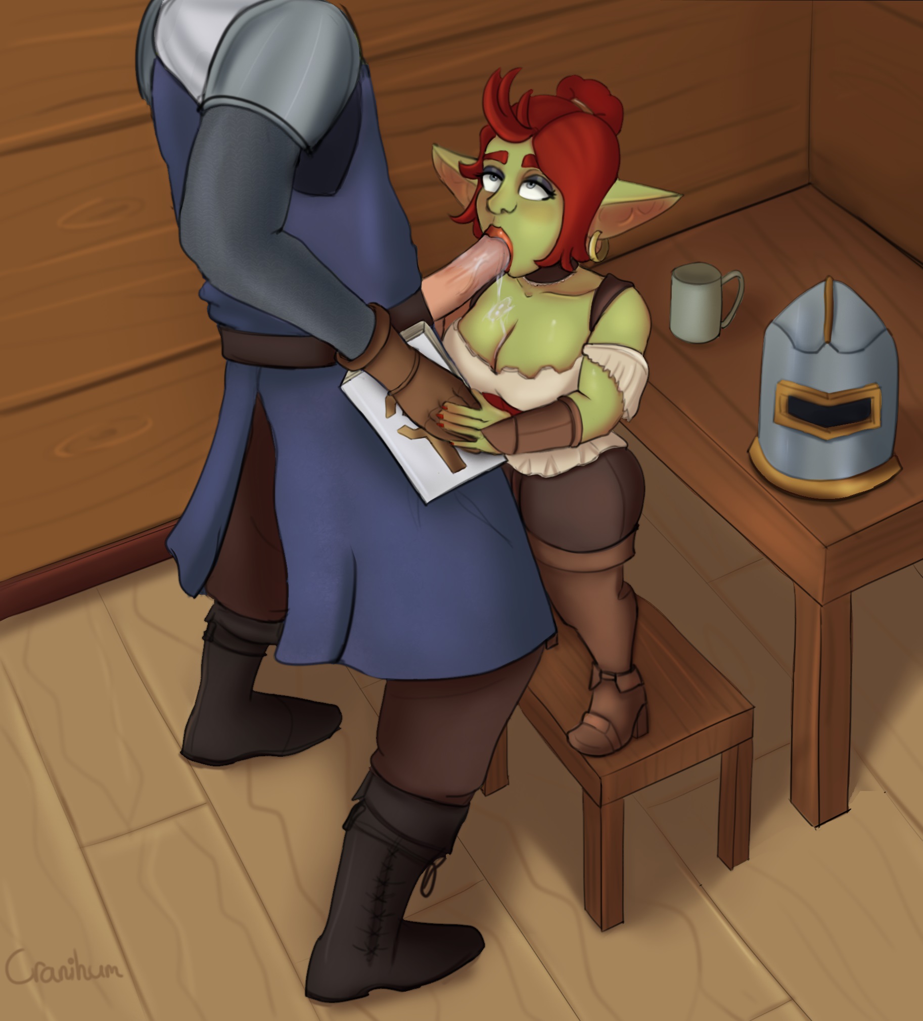 armor, blowjob, blue eyes, book, boots, choker, corset, cranihum, earrings, eyelashes, eyeshadow, fellatio, female, female/male, frills, gloves, goblin, goblin female, green skin, helmet, high heels, human, knight, leggings, lipstick on penis, male, male/female, oral, oral sex, painted nails, penis, ponytail, red hair, red lipstick, saliva, shortstack, size difference, smaller female, standing, standing fellatio, tavern, tight clothing, warcraft, world of warcraft