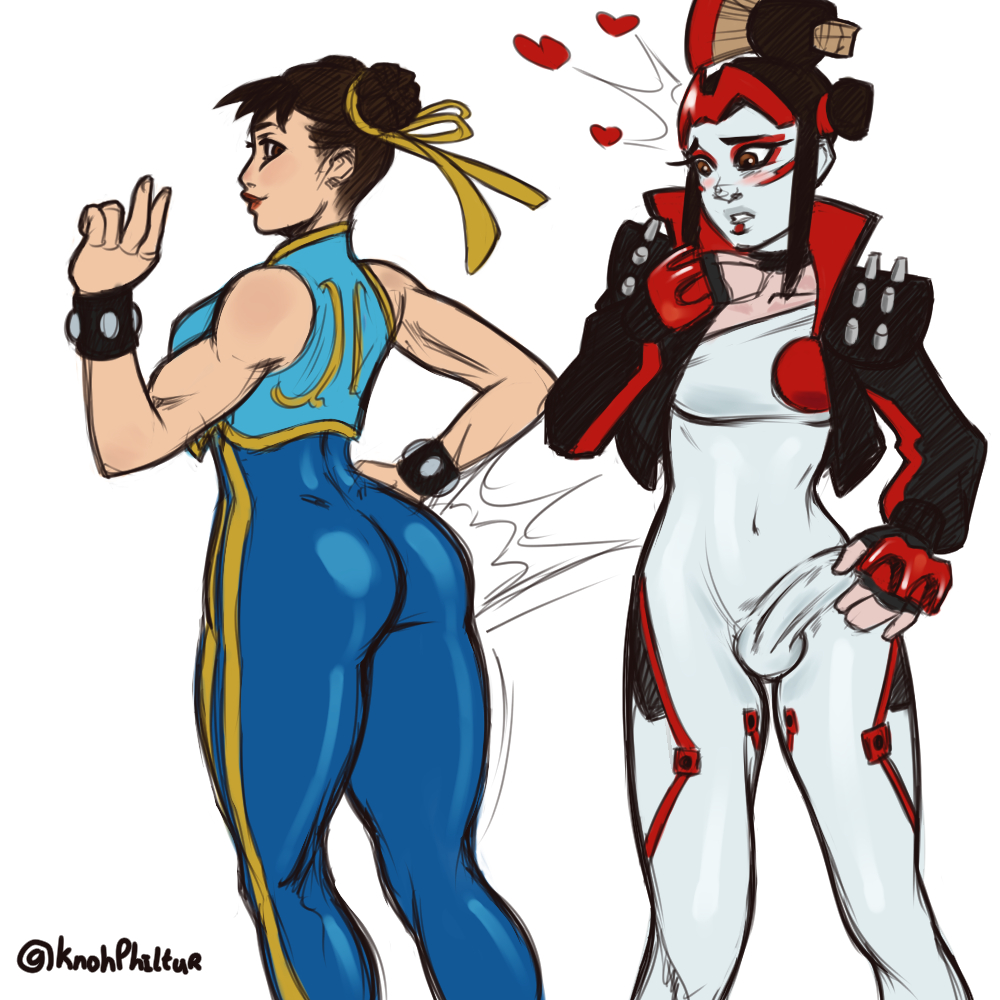 1futa 1girls chun-li chun-li_(fortnite) erection_under_clothes fortnite fortnite:_battle_royale futanari heart knohphiltur looking_at_butt street_fighter tagme takara_(fortnite)