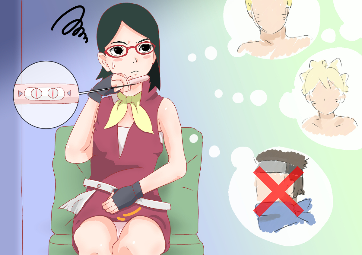 boruto: naruto next generations, female, hiropon, naruto, naruto (series), pregnancy test, sarada uchiha, sarutobi konohamaru, simple background, thinking, uzumaki boruto, uzumaki naruto, visible underwear