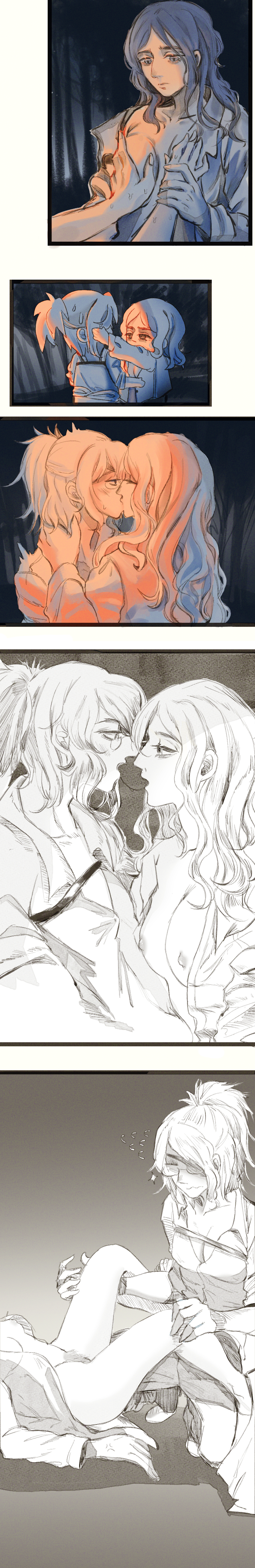 2girls, attack on titan, female, hanji zoe, kissing, multiple females, multiple girls, naked, nude, pieck finger, shingeki no kyojin, yuri