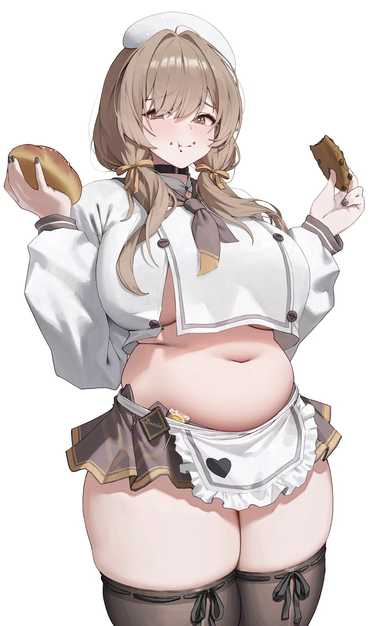 1female, 1girls, 1woman, 2d, 2d (artwork), 2d art, 2d artwork, android, apron, bangs, bare belly, bare hands, bare thighs, barely clothed, belly, belly bulge, belly button, big boobs, big breast, big breasts, big tits, big titties, black choker, black legwear, black nail polish, black nails, black ribbon, blush, bonnet, boobs, bread, bready (nikke), brown eyes, brown hair, brunette female, brunette hair, button down shirt, buttoned shirt, buttons, carbon based life, carbon based lifeform, carbon lifeform, chewing, child bearing hips, chin, chocolate, chocolate chip cookie, choker, chubby, clear skin, close up, close up view, close-up, closed mouth, closeup, closeup shot, closeup view, clothed, clothed female, clothing, collar, cookie, crease, creases, crumbs, curvy, curvy body, curvy female, curvy figure, curvy hips, curvy thighs, cute, cute face, cyborg, cyborg girl, dark nails, diet, dirty, dirty face, drawing, ear, ears, eating, embarrassed, exposed torso, eyebrows, eyebrows visible through hair, eyelashes, eyelashes visible through hair, eyes, eyes visible through hair, fabric, face, fair-skinned female, fancy, fat, fat belly, fat girl, fat legs, fat thighs, fat woman, feet out of frame, female, female only, food, forehead, front braid, girl, goddess of victory: nikke, hair, hair between eyes, hand, hands, hankerchief, headwear, heart, heart shaped pupils, heart symbol, high quality, high resolution, highres, holding bread, holding cookie, holding food, holding object, huge boobies, huge boobs, huge breasts, huge tits, human, human only, implied nudity, jacket, jacket open, jacket partially removed, knees out of frame, light skin, light-skinned female, lighting, long hair, long sleeves, massive breasts, massive thighs, messy, micro skirt, midriff, midriff baring shirt, midriff exposed, midriff showing, midriff top, miniskirt, mouth, nail polish, nick7, nikke, nipple covered, nipples covered, no gloves, no panties under skirt, no pants, no watermark, pale, pale skin, pale skinned female, pale-skinned female, plump, plus size, polka dot, polka dot hat, polka dot headwear, pupils, ribbon, ribbons, semi clothed, semi nude, shade, shaded, shading, shadow, shadows, shaggy hair, shiny, short skirt, skirt, slutty female, slutty girl, slutty woman, small clothes, small hat, smooth skin, smooth thighs, soft chubby stomach, soft stomach, soft thick thighs, soft thighs, solo, stockings, strands of hair, striped sleeves, sugar, sweet, thick breasts, thick hips, thick legs, thick thighs, thighhighs, thighs, too small clothes, twin braids, unbuttoned shirt, unbuttoned topwear, underboob, undersized clothes, undersized clothing, undersized topwear, wavy hair, wheat, wheat based diet, white background, white clothing, white collar, woman