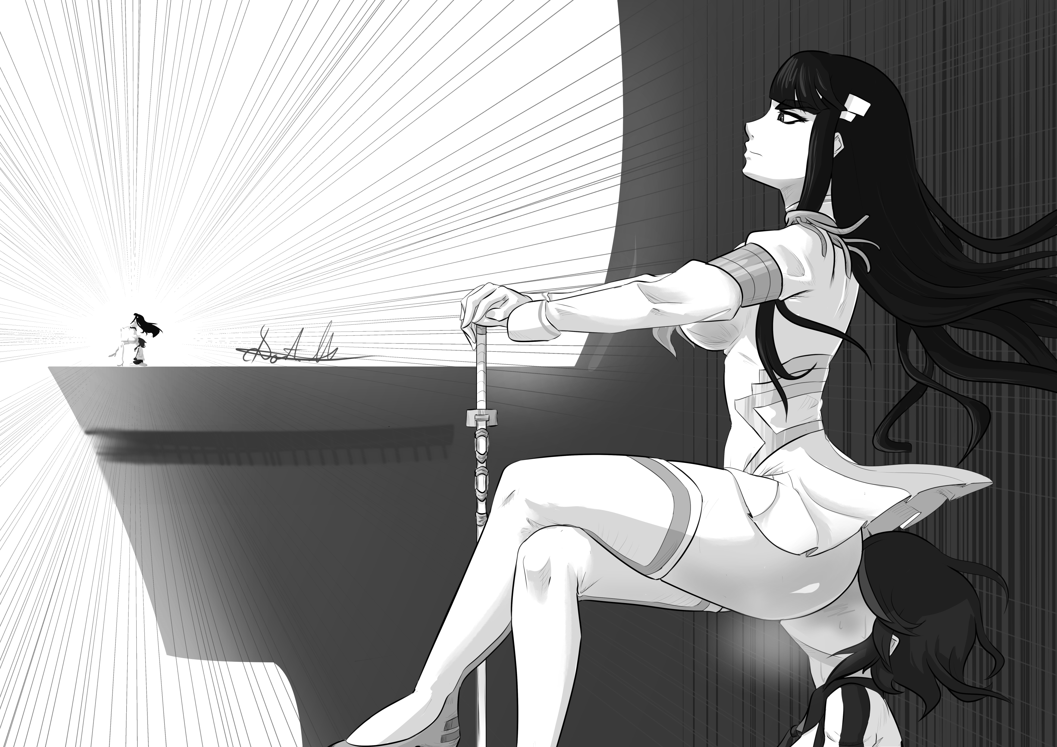 ass, big ass, big breasts, big butt, black and white, breasts, doktor malefic, facesitting, female, female only, female protagonist, human chair, incest, katana, kill la kill, kiryuuin satsuki, lesbian sex, manga, matoi ryuuko, monochrome, sister, sisters, sitting, sitting on face, sitting on person, skirt, skirt lift, yuri