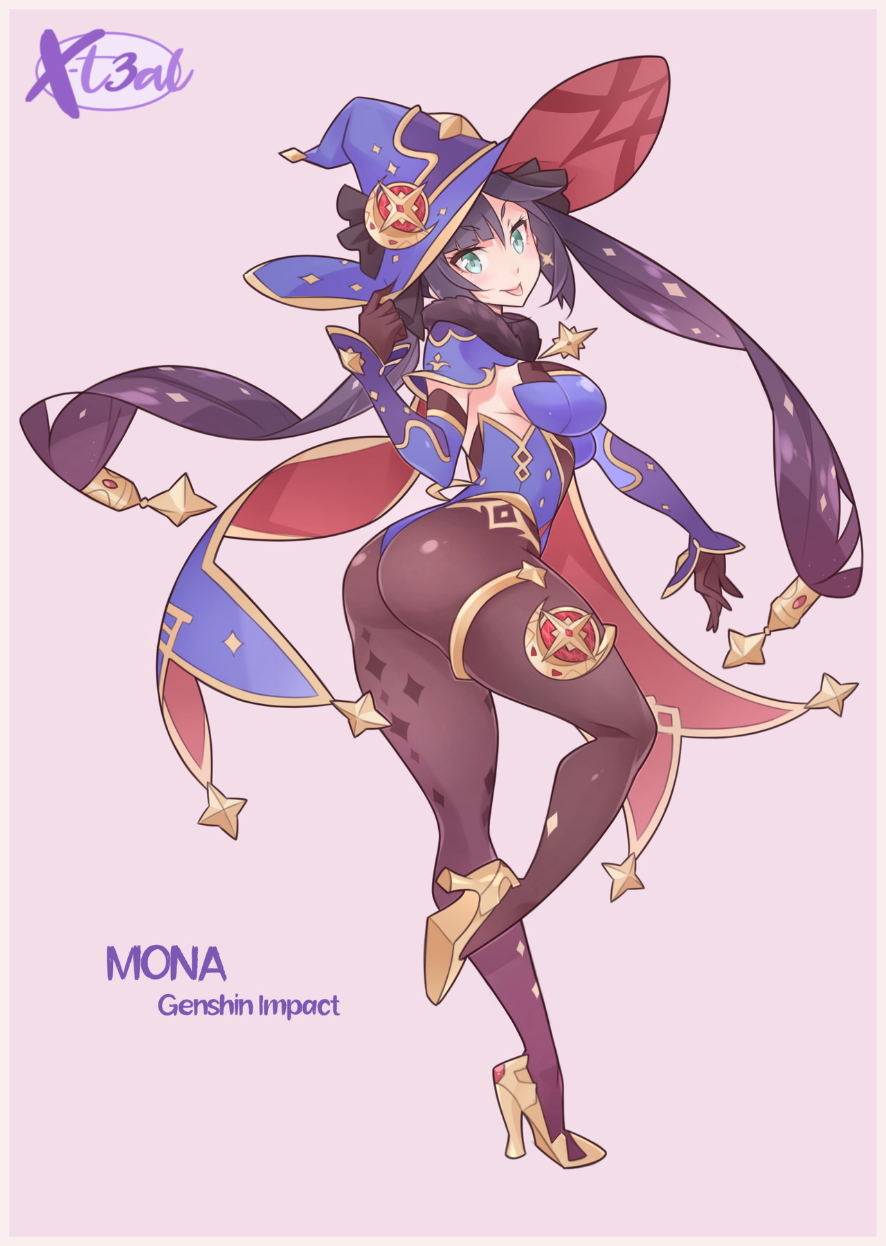 :p, 1girls, artist signature, bent leg, black hair, english text, female, female only, genshin impact, gold (metal), gold heels, gold jewelry, green eyes, heels, hi res, high heels, jewelry, looking at viewer, mona (genshin impact), pantyhose, simple background, solo, solo female, text, witch hat, x-teal