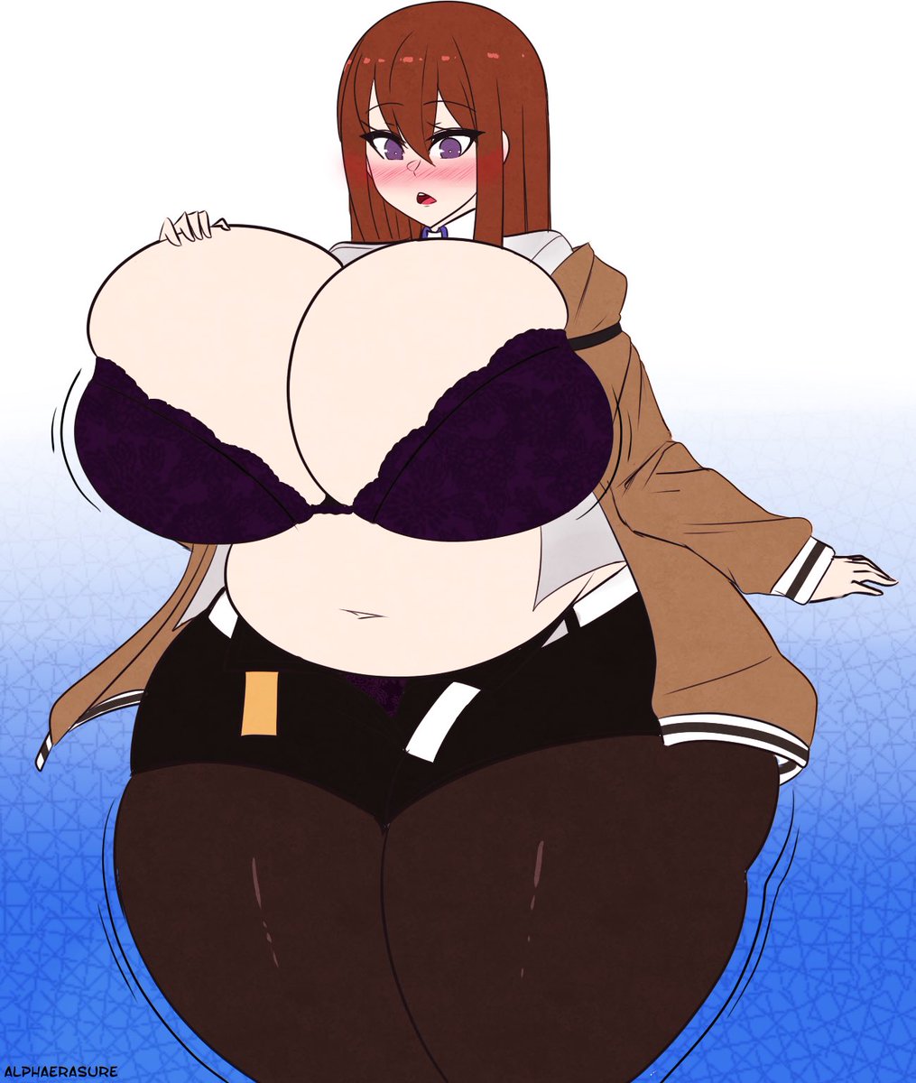 alphaerasure, artist signature, big belly, breast expansion, breasts bigger than head, huge breasts, makise kurisu, solo, steins;gate, weight gain, wide hips
