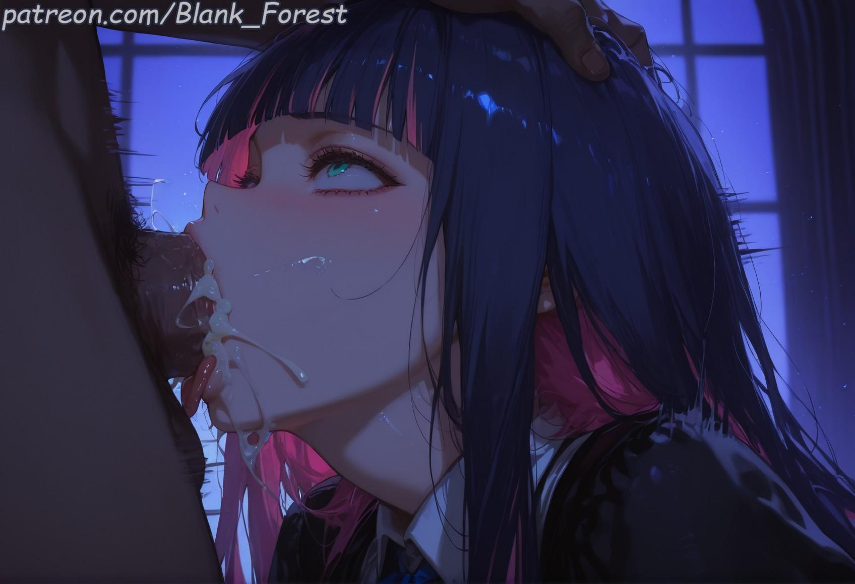 :>=, 1boy, ai generated, bangs, black hair, blank forest, blue eyes, blunt bangs, cum, cum in mouth, dark skin, dark skinned male, deepthroat, eyebrows visible through hair, fellatio, female, from side, grabbing another's hair, half-closed eyes, hand on another's head, head grab, indoors, irrumatio, long hair, male pubic hair, mole, mole under eye, mosaic censoring, multicolored hair, nude, oral, overflow, panty & stocking with garterbelt, patreon username, penis, pink hair, profile, pubic hair, purple hair, realistic, saliva, solo focus, stocking anarchy, straight, stray pubic hair, tears, testicles, twintails, two-tone hair, window