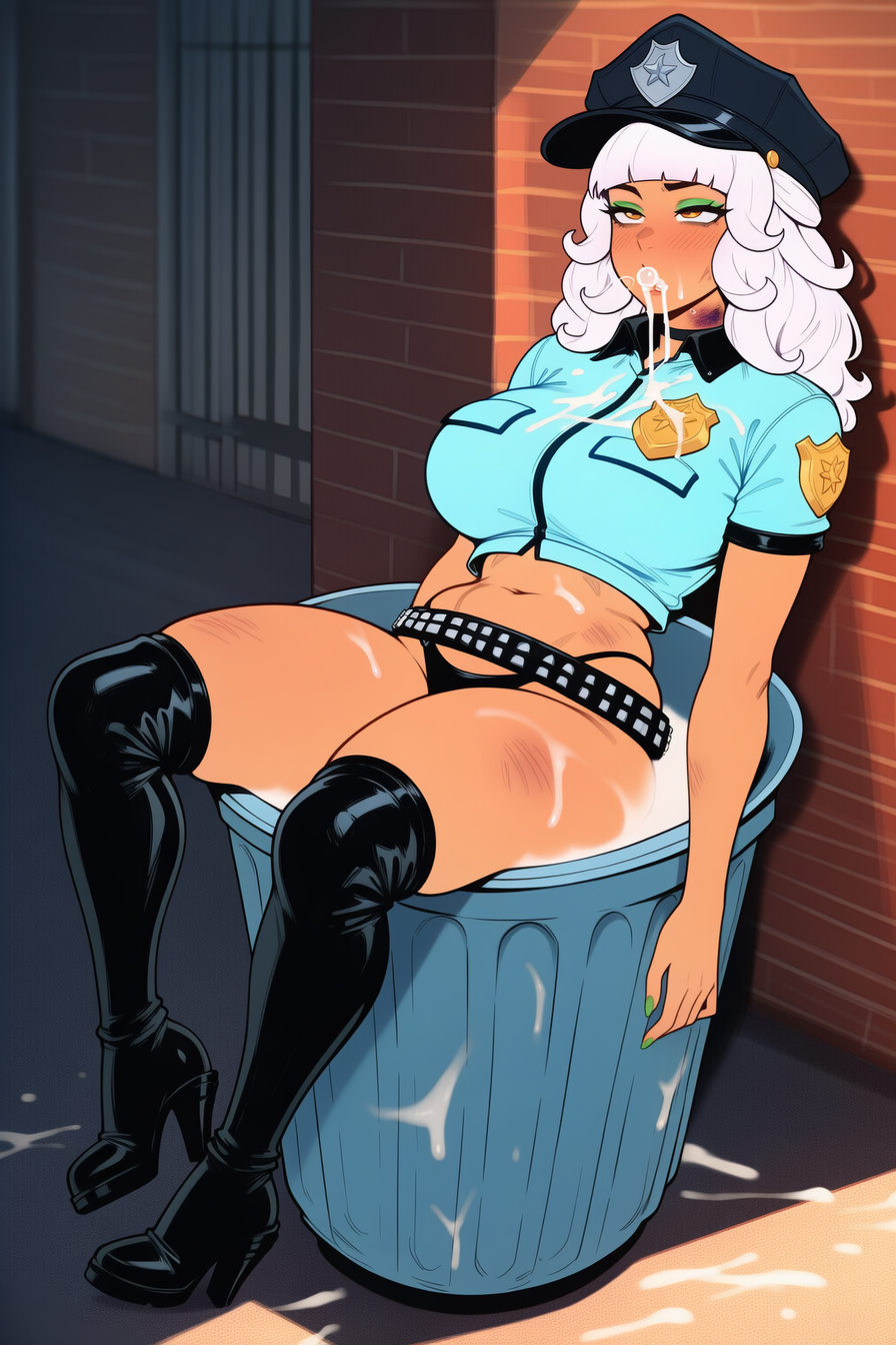 after rape, ai generated, cum, cum dump, cum inside, female, female only, high heel boots, high heels, in trash can, league of legends, left alone after sex, police uniform, prussia123, qiyana yunalai, rape, skimpy clothes, snuff, trash, trash can, unconscious
