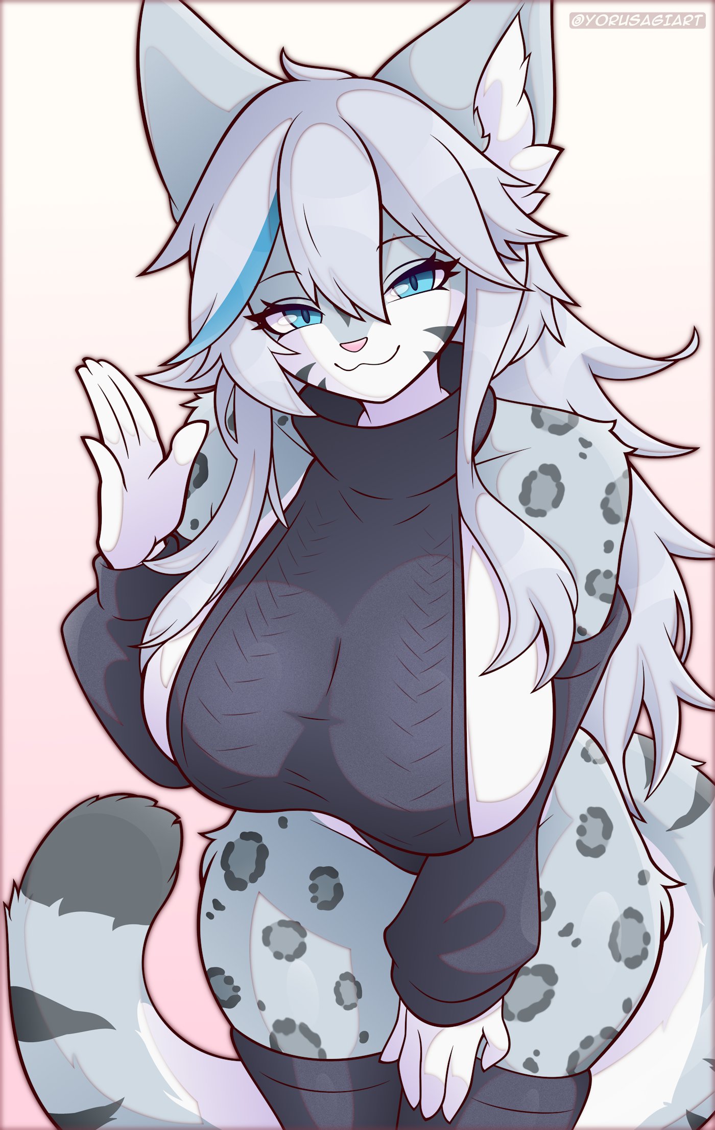 bedroom eyes, big breasts, big thighs, blue eyes, breasts, cleavage, female, fur, furry, furry breasts, furry ears, furry female, furry only, furry tail, huge breasts, leapord, no consent needed, no visible genitalia, nonsexual, plain background, smiling at viewer, sweater, tagme, thick thighs, thigh highs, white hair, wide hips, yorusagi