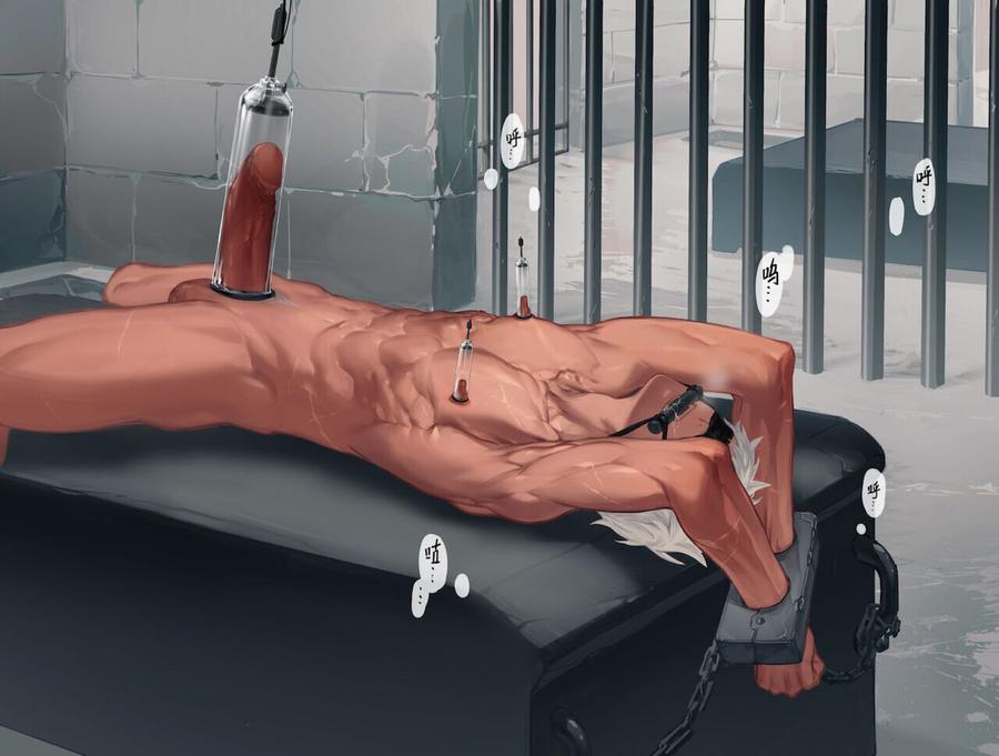 1boy, arsh, fully nude, male, male only, masculine, milking machine, penis, steel bondage, white hair