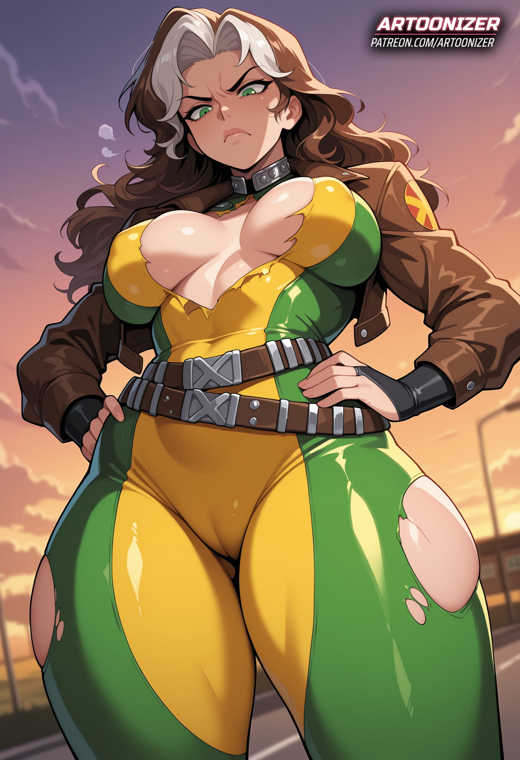 ai generated, angry, angry expression, angry face, artoonizer, belt, big ass, big breasts, bodysuit, bomber jacket, brown hair, cameltoe, female, fingerless gloves, gauntlets, green eyes, hands on hips, holster, huge breasts, large breasts, legs together, light skin, light-skinned female, long hair, looking at viewer, marvel, marvel comics, marvel rivals, multicolored hair, nipples, nipples visible through clothing, outdoors, patreon, patreon username, posing, ripped clothing, rogue (marvel rivals), rogue (x-men), solo, solo female, solo focus, standing, sunset, thick thighs, two-tone hair, viewed from below, white hair, wide hips, x-men