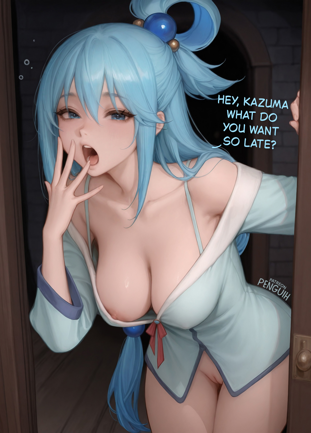 1girls, accidental exposure, ai assisted, ai generated, aqua (konosuba), aqua hair, blue eyes, blush, cleavage, collarbone, covered nipples, doorway, downblouse, english text, female, female only, hanging breasts, kono subarashii sekai ni shukufuku wo!, nipple slip, no pants, patreon username, penguih, pijama, ponytail, pussy, saliva, saliva on face, simple background, solo, solo female, solo focus, very long hair, yawning