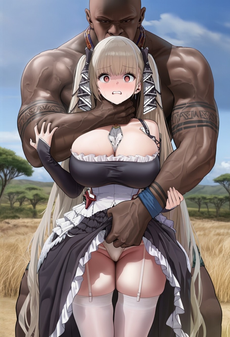 1boy, 1girls, 2d, africa, african, african male, ai art, ai generated, azur lane, big breasts, bigger male, blonde hair, blush, blush lines, breasts, choking, clothed, clothed female, dark skin, dark-skinned male, dominant male, dominated female, dress, female, femsub, flashing, flashing at viewer, flashing panties, forced exhibitionism, forced exposure, forced humiliation, forced undressing, formidable (azur lane), garter straps, groping, groping from behind, hands on another's neck, hands on neck, height difference, holding another's neck, holding by neck, interracial, jungle, large breasts, larger male, lifting another's clothes, lifting skirt, light skin, light-skinned female, long hair, looking at viewer, maid, maid uniform, male, male/female, muscular, muscular male, neck grab, no sex, nonconsensual, outdoors, pale skin, pale-skinned female, panties, penis, plains, pluqqi, primitive, public exposure, questionable consent, restrained, savanna, scared, sexual harassment, silver hair, size difference, skirt, skirt lift, skirt lifted, skirt lifted by another, skirt up, smaller female, stockings, straight, struggling, struggling rape victim, struggling victim, thick thighs, thigh highs, thighhighs, tourist, trees, tribal, tribal clothing, tribal male, tribal markings, tribal tattoo, tribal tattoos, tribe, tribesman, twintails, unwanted, unwanted groping, unwilling female, used, used like a toy, voluptuous, voluptuous female, weak resistance, white panties, white stockings, wide hips