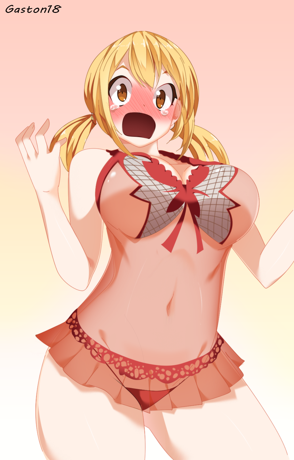 blonde_hair blush breasts brown_eyes crying embarrassed fairy_tail gaston18 hourglass_figure lingerie lucy_heartfilia navel open_mouth panties red_panties revealing_clothes shounen_jump tears thick_thighs thin_arms twintails wide_hips