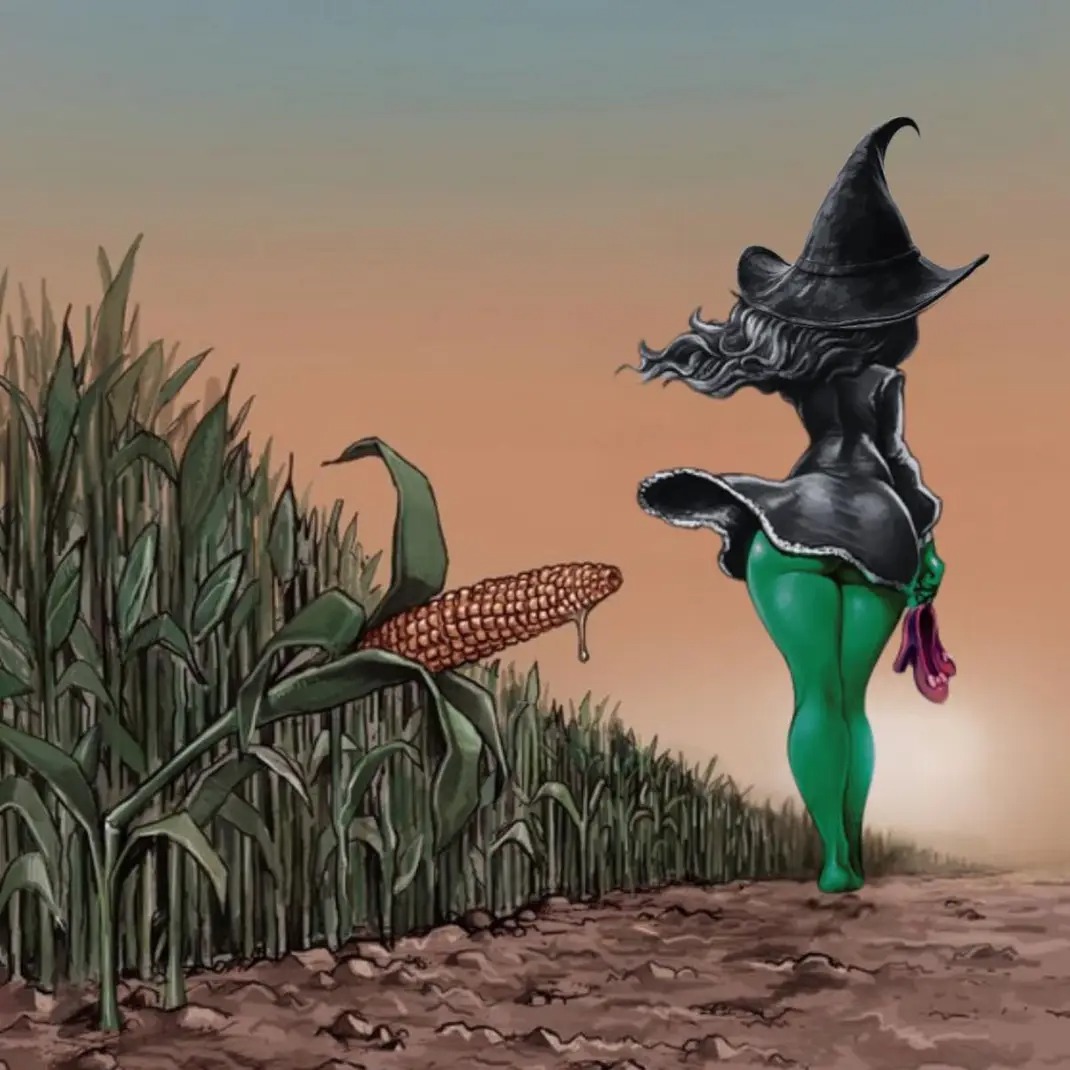 corn, corncob, cum, farm, female, implied cum, implied male, implied penis, improvised penetrable sex toy, living food, meme, plant, plant sex, plants, reaction image, tiktok, unknown artist, what, witch, witch hat
