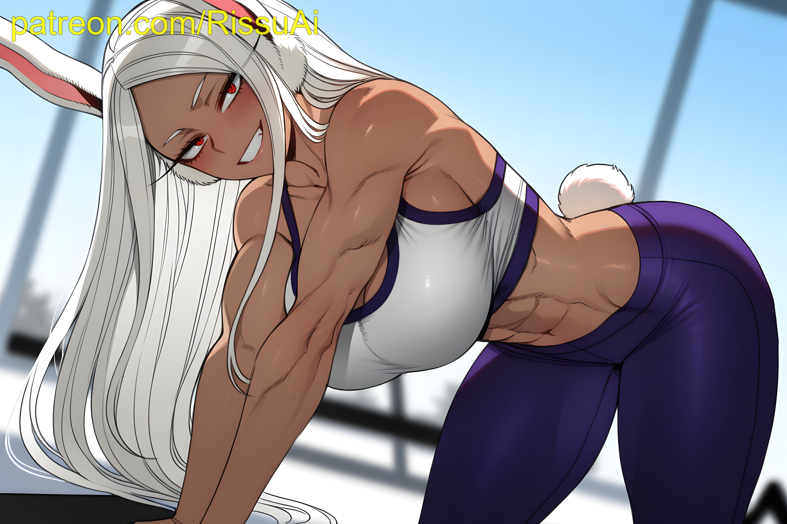 1girls, 2026, ai generated, ass, big ass, big breasts, black skin, black skinned female, boku no hero academia, breasts, bubble ass, bubble butt, bunny tail, cute, cute face, day, female, female only, gym, gym clothes, gym uniform, huge ass, huge breasts, in heat, long eyelashes, long hair, looking at viewer, mirko, miruko, muscular female, my hero academia, patreon username, perfect ass, perfect body, perfect loop, rabbit ears, rabbit girl, red eyes, rissuai, rumi usagiyama, sexy, sexy body, sexy female, sexy pose, smile, smiling, smiling at viewer, tan body, tan skin, toned, toned body, toned female, usagiyama rumi, white hair