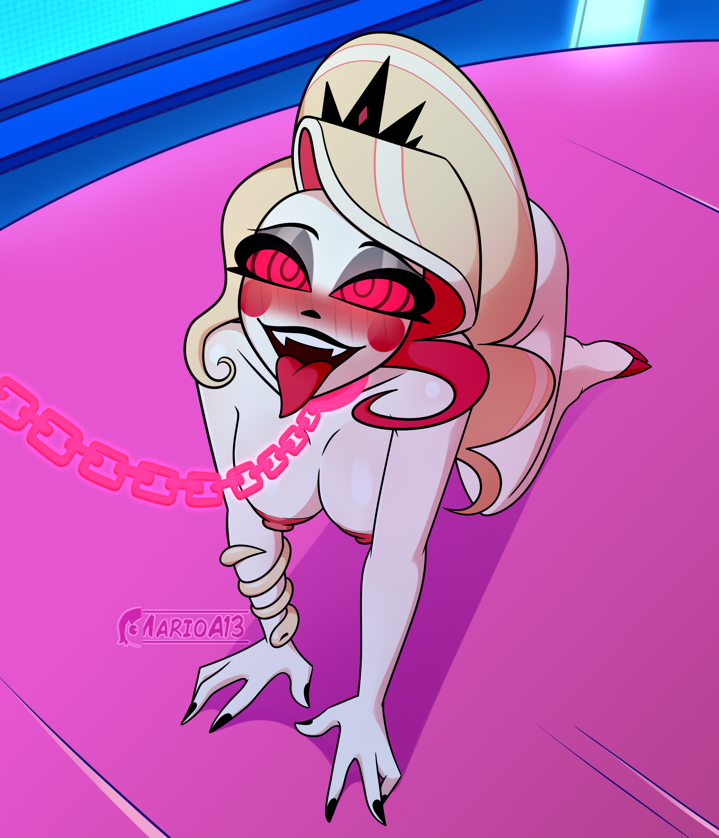 1girls, all fours, bad end, bare ass, bare breasts, bare shoulders, black nails, blonde hair, blush, chained, chains, charlie morningstar (hazbin hotel), collar, collar and leash, completely naked female, completely nude, crown, defeated, defeated heroine, doggy style, enslaved, enslaved royal, fangs, female, female only, femsub, half angel, half demon, hanging breasts, hazbin hotel, hazbin hotel (season 2), hellaverse, hooves, horny, horny female, hybrid species, hypnosis, hypnotic eyes, hypnotized, leash, looking at viewer, marioa13, mind control, naked, naked female, nephalem, nipples, nude, nude female, petplay, princess, red eyes, slave, slave collar, slave girl, solo female, spiral eyes, submissive female, tongue, tongue out, visible nipples, white skin