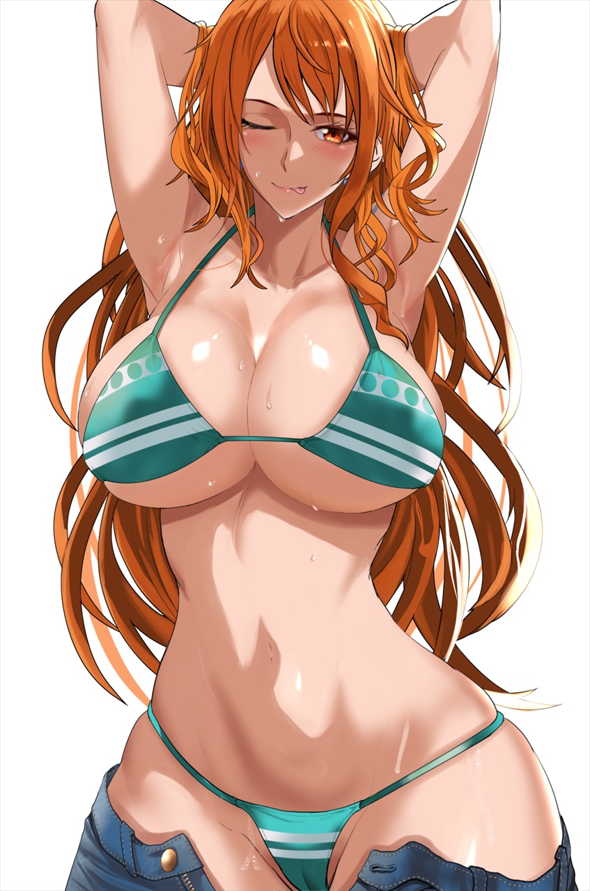 1girls, alternate version available, arms behind head, big breasts, bikini, bikini bottom, bikini top, blue pants, bottomwear, breasts, cleavage, female, female only, fit female, green bikini, hair, hips, huge breasts, human, human female, kawa batayoshi, large breasts, light-skinned female, long hair, nami (one piece), navel, one eye closed, one piece, open pants, orange eyes, orange hair, orange-haired female, pants, pants down, post-timeskip, slim waist, smile, solo, solo female, swimwear, thick thighs, tongue, tongue out, topwear, unbuttoned, unbuttoned pants, wet, wet body, white background, wide hips, wink, winking