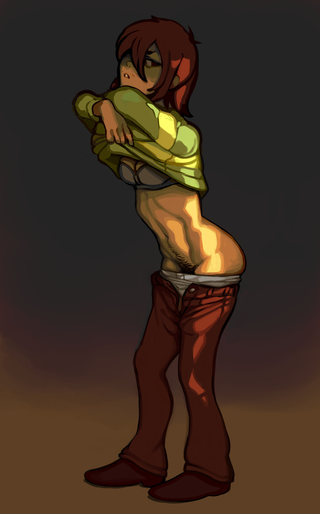 1nonbinary, bra, caught naked, caught staring, caught undressing, deathheadmoth00, deltarune, female focus, female only, kris (deltarune), kris female (deltarune), partially clothed female, pubic hair, solo, solo female, solo focus, undressing