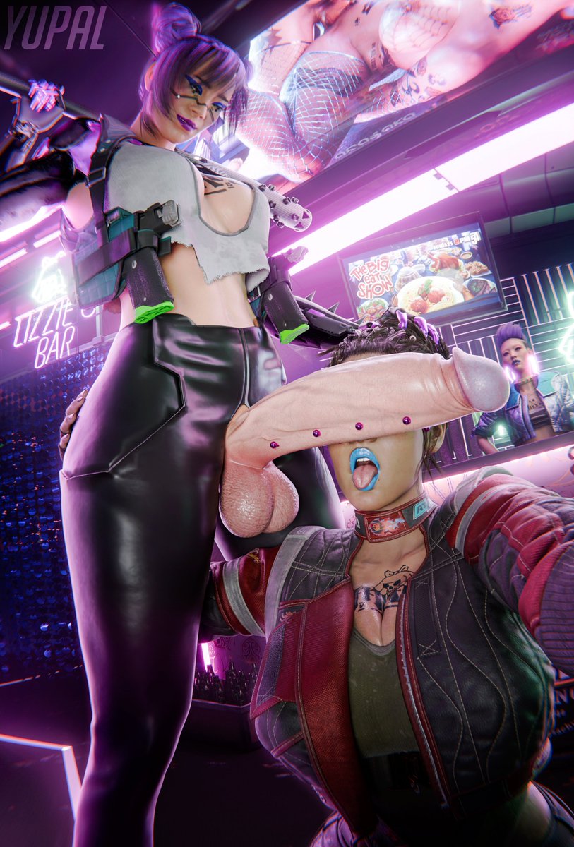 1futa, 2girls, 3d, 3d (artwork), ass grab, baseball bat, blue eyeshadow, blue lipstick, breast tattoo, bubble butt, cd projekt red, chest tattoo, child bearing hips, cleavage, cleavage cutout, clothed female, clothing, clothing cutout, curvaceous female, cyberpunk 2077, cyborg, dark skin, dark-skinned female, double bun, english text, erect penis, eyeliner, eyeshadow, female, femsub, functionally nude, functionally nude futanari, futa on female, futadom, futanari, gun, holster, holstered pistol, holstered weapon, hourglass figure, interracial, jacket, large penis, latex, latex clothing, latex legwear, latex pants, leather, leather clothing, leather pants, light skin, light-skinned female, light-skinned futanari, lipstick, looking at partner, looking at penis, looking down, looking pleasured, makeup, mechanical arm, nude, nude futanari, pale skin, pale-skinned female, pale-skinned futanari, panam palmer, partially clothed, penis piercing, pistol, purple hair, purple lipstick, rita wheeler, skin tight, skindentation, standing, thick thighs, tight clothes, tight fit, toned, toned female, toned futanari, video game, video game character, video game franchise, watermark, weapon, wide hips, yupal