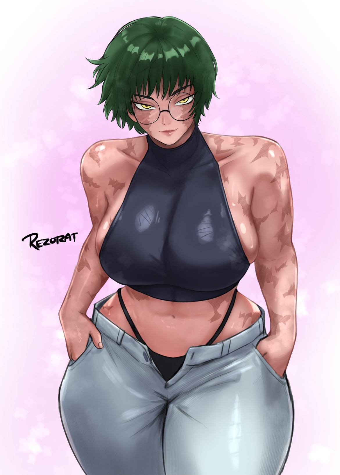 athletic female, belly, big breasts, breasts peeking out of shirt, busty, busty female, curves, curvy, curvy female, cute, cute face, female, female focus, female only, fit, fit female, glasses, green hair, hands in pockets, hourglass figure, jujutsu kaisen, rezo, scars, sexy, sexy body, short hair, sideboob, sideboob cutout, solo, solo female, solo focus, thong straps, tomboy, tomboyish, tummy, yellow eyes, zenin maki
