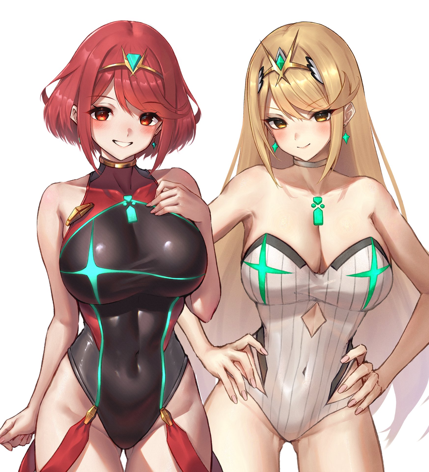2girls, blonde female, blonde hair, blonde-haired female, breasts, exposed breasts, female, female only, hksicabb, long hair, mythra, mythra (radiant beach) (xenoblade), pyra, pyra (pro swimmer) (xenoblade), red eyes, red hair, red swimsuit, short hair, swimsuit, white swimsuit, xenoblade (series), xenoblade chronicles 2, yellow eyes