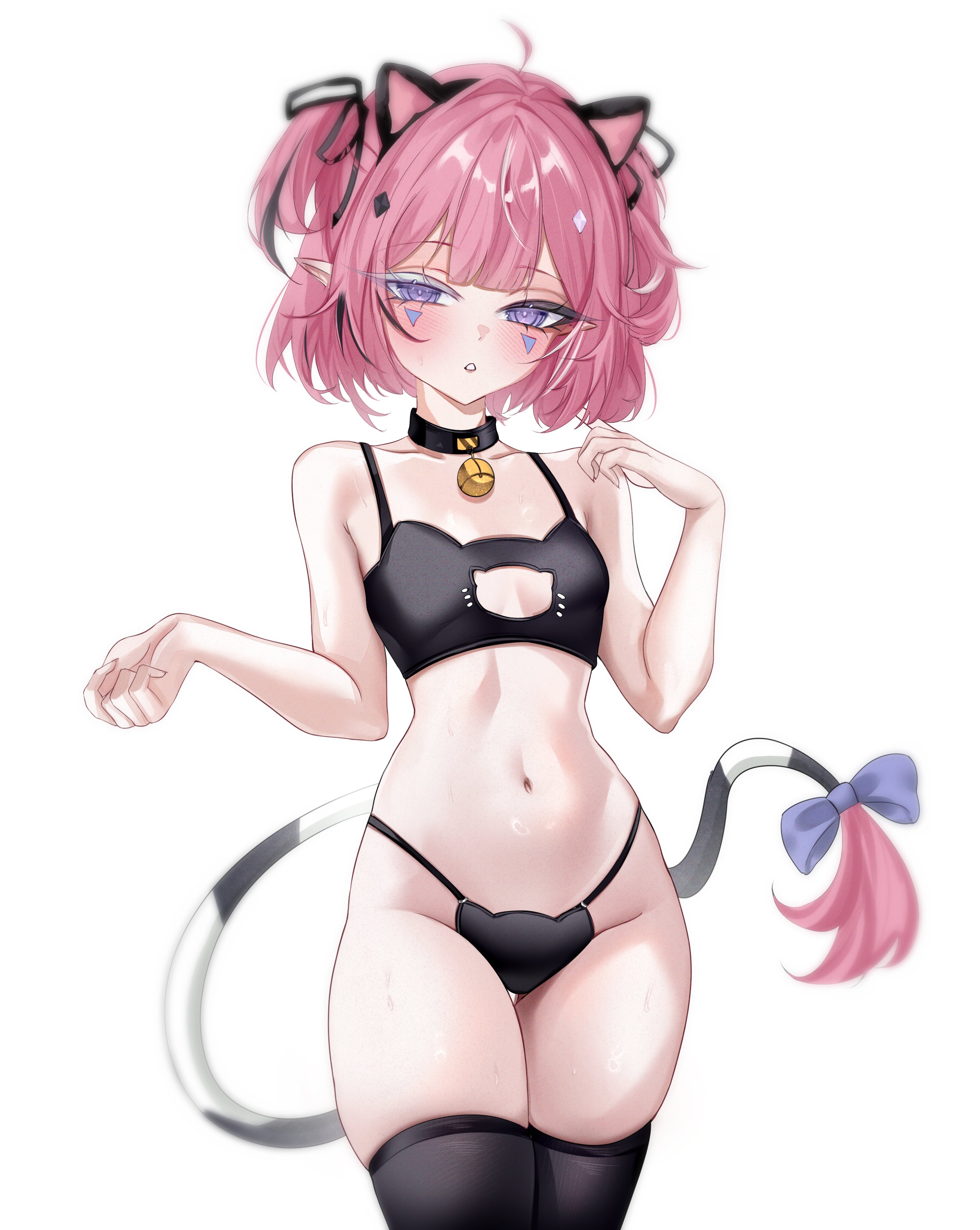 1girls, absurdres, animal ears, bare hips, bell, breasts, camila (vtuber), cat ears, cat lingerie, cleavage cutout, clothing cutout, collar, colored eyelashes, facial mark, female, hair ribbon, hashtag-only commentary, highres, hip focus, imp, indie virtual youtuber, jingle bell, mismatched eyelashes, miuq chan, multicolored hair, navel, panties, pink hair, pointy ears, purple eyes, ribbon, short hair, short twintails, small breasts, streaked hair, tail, thick thighs, thighhighs, thighs, triangle, triangle facial mark, twintails, underwear, virtual youtuber, vtuber, white background