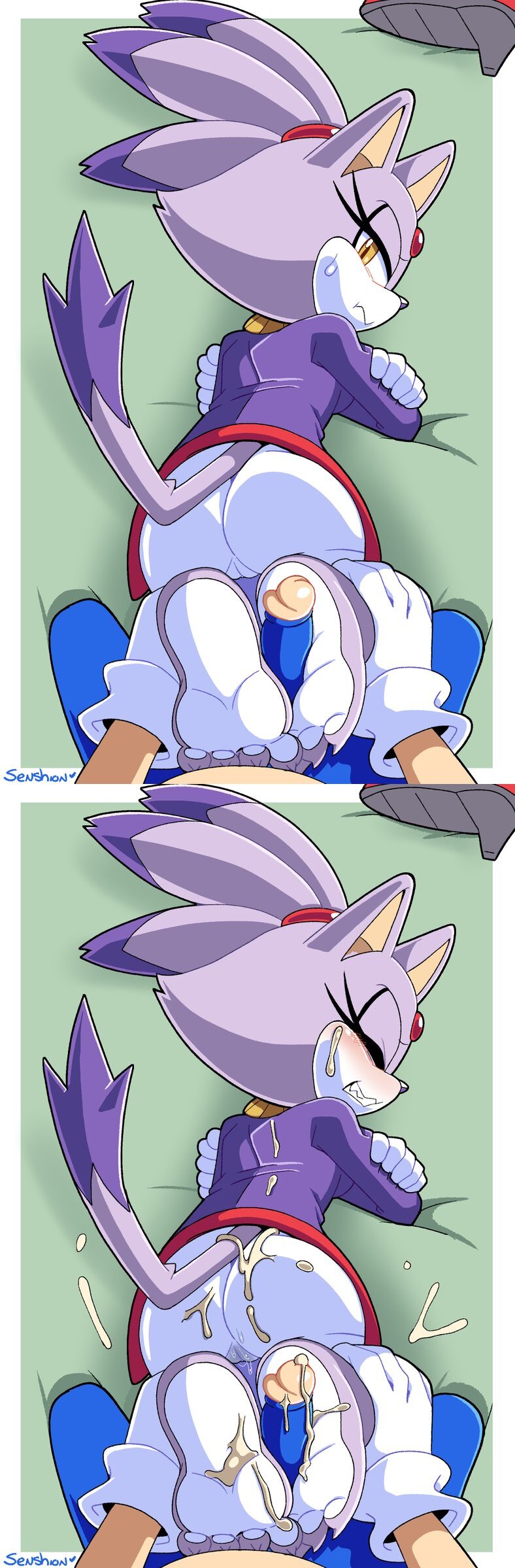 anthro, ass, blaze the cat, blue body, blue fur, bodily fluids, closed eyes, clothed, clothing, cum, cum on body, cum on face, cum on feet, cum on soles, cum on toes, domestic cat, eulipotyphlan, feet, feet on penis, felid, feline, felis, female, foot fetish, foot focus, footjob, fur, genital fluids, genitals, gloves, handwear, hedgehog, lying, male, mammal, pawjob, penis, purple body, purple fur, pussy, pussy juice, sega, senshion, sharp teeth, sonic (series), sonic the hedgehog, sonic the hedgehog (series), tagme, tail, teeth, yellow eyes