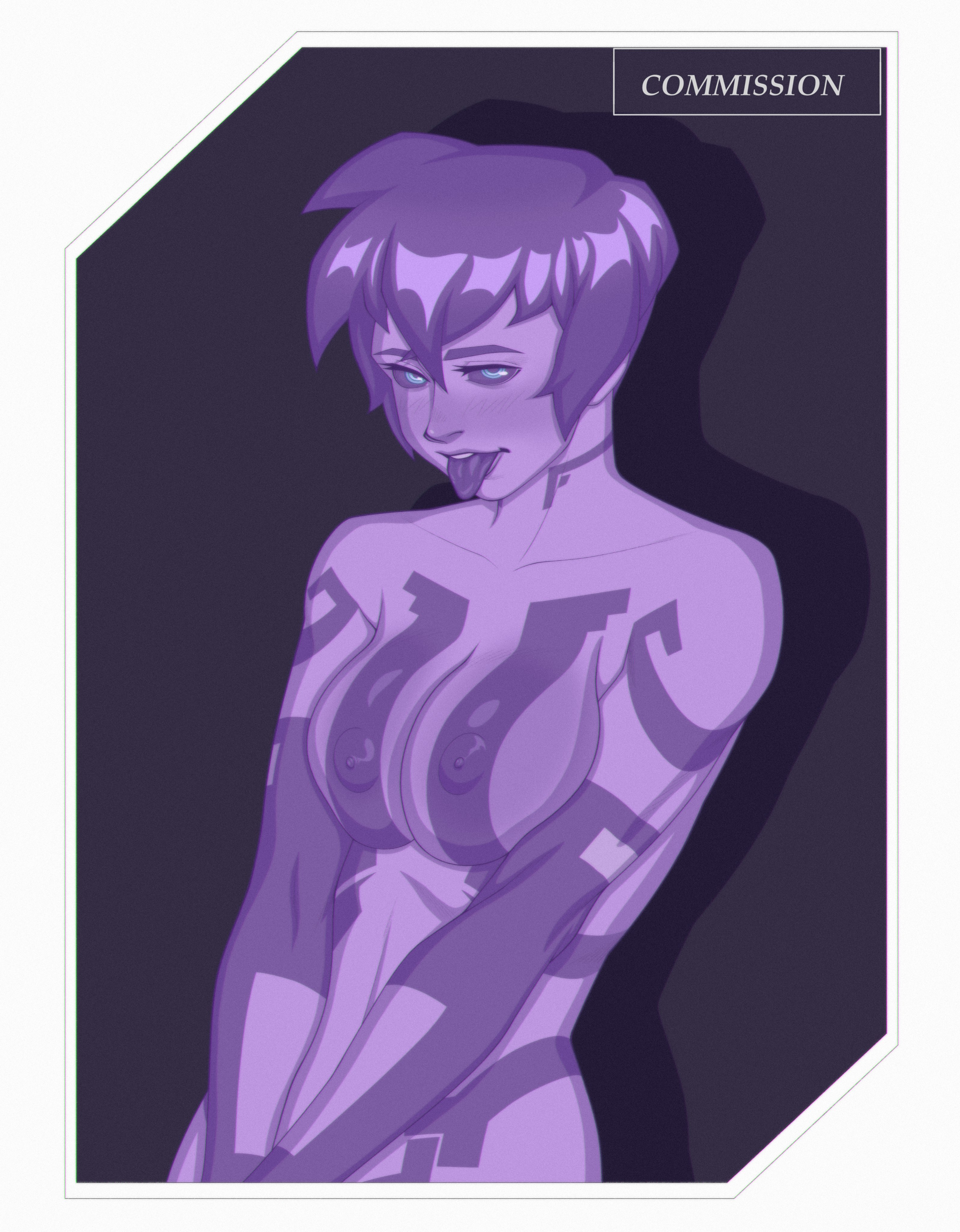 1girls, 343 industries, ai character, areolae, artificial intelligence, blue eyes, body markings, breasts, bungie, commission, cortana, cortana v1, dark purple hair, dark sclera, halo (series), halo ce, looking at viewer, lowpolybrain (artist), medium breasts, microsoft, nipples, open mouth, purple hair, purple sclera, simple background, tongue out, xbox game studios