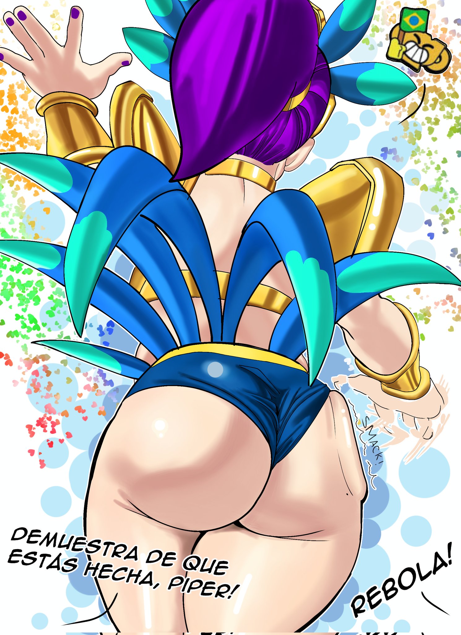 1girls, ass, ass slap, back view, brawl stars, brazilian, cordonnoir, exposed ass, flag bearer piper (brawl stars), piper (brawl stars), purple hair, simple background, spanish dialogue, spanish text
