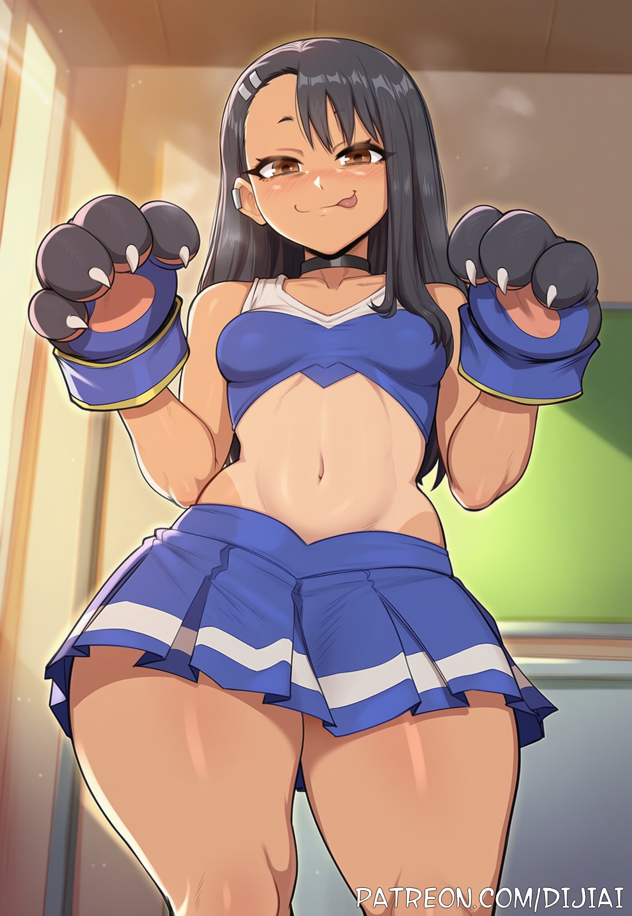 1girls, ai generated, black hair, breasts, brown eyes, cheerleader, cheerleader uniform, choker, dijiai, female, hair, hayase nagatoro, long hair, medium breasts, paws, please don't bully me, nagatoro, solo, solo female, tan body, tan skin, tanned, tanned female, tanned skin, teenage female, teenage girl, teenager