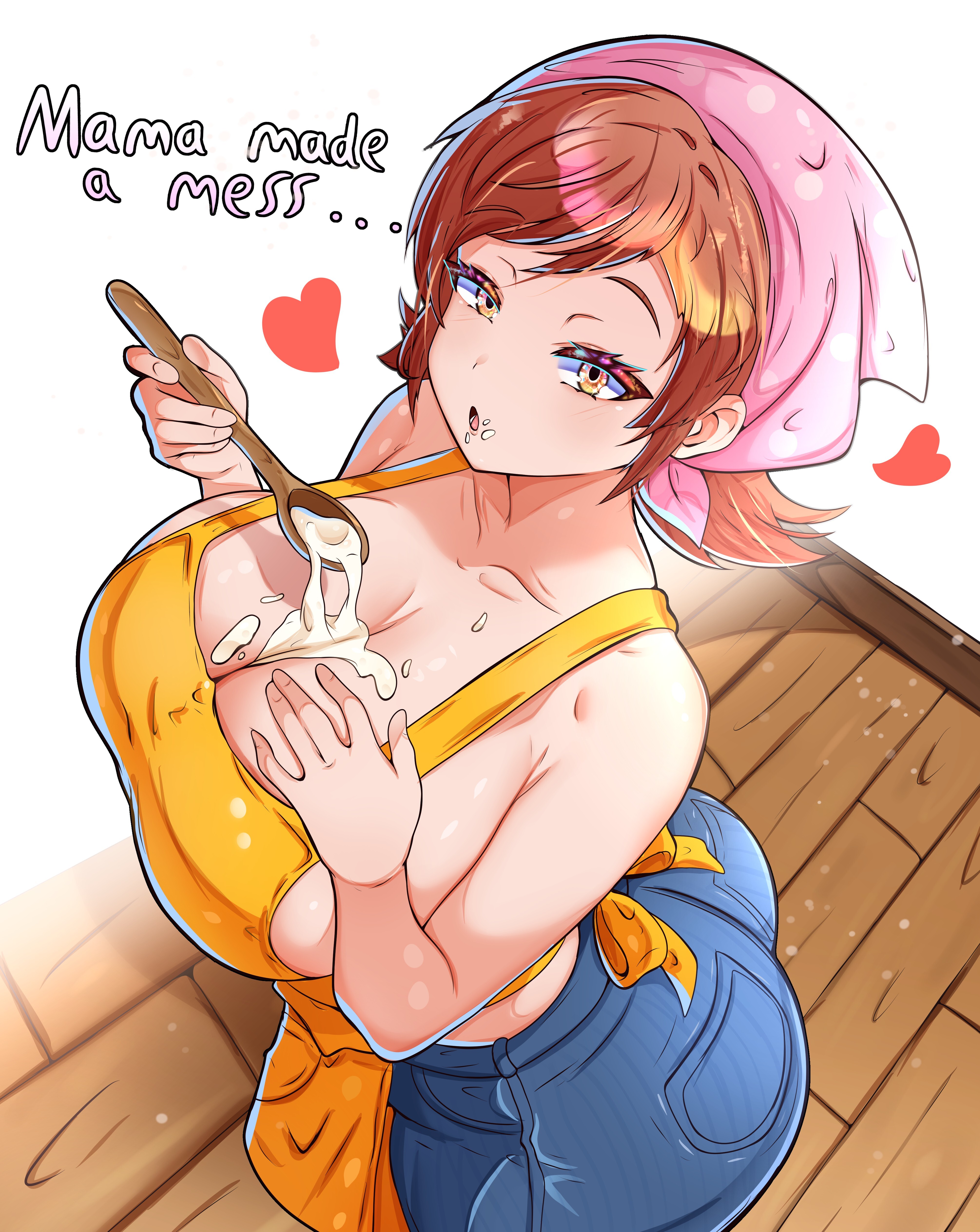 1girls, apron, ass, bandana, big ass, big breasts, bird's-eye view, blue pants, boobs and butt pose, breasts, brown eyes, brown hair, busty, cleavage, cooking mama, english, english text, female, female only, food, food on body, food play, headwear, heart, high-angle view, holding object, huge ass, huge breasts, jeans, large breasts, looking at viewer, mama (cooking mama), mature, mature female, mature woman, milf, mother, mrrollingcircle, open mouth, pants, plate, smile, solo, solo female, solo focus, text, viewed from above, yellow apron